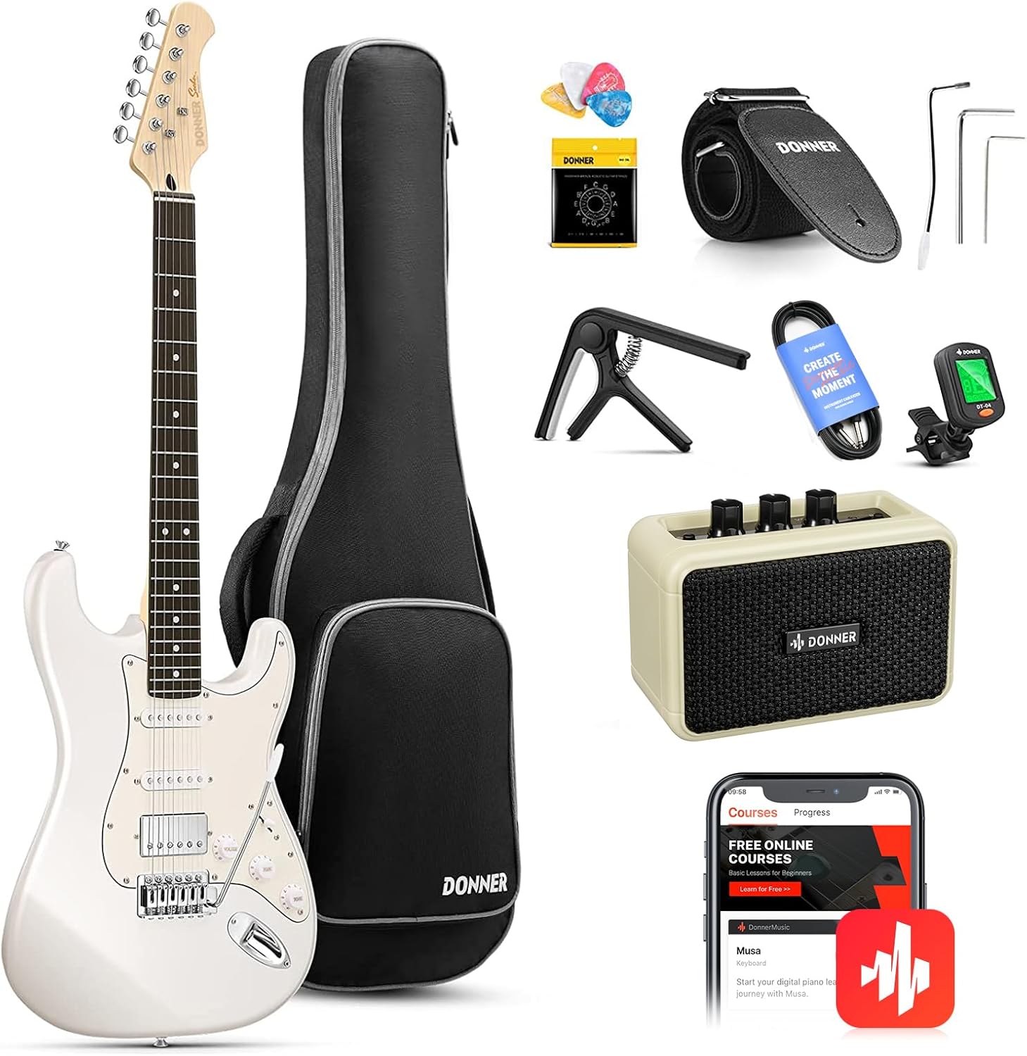 Donner Electric Guitar, DST-152 39" Electric Guitar Starter Kit HSS Pickup Coil Split, with Amp, Bag, Accessories, Polar White