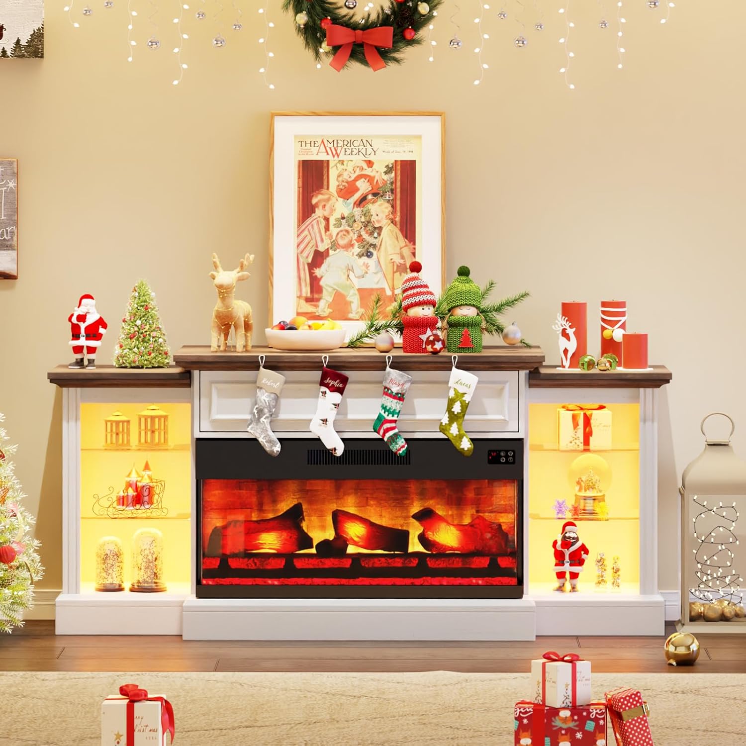 AMERLIFE 70" Electric Fireplace with Mantel, Farmhouse 3-Sided Fireplace TV Stand for TVs up to 75 Inch, Entertainment Center with Adjustable Shelves & LED Light, Distressed White