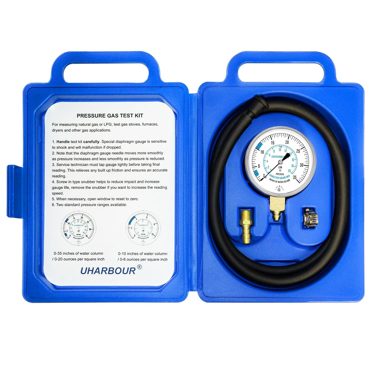 Manometer Gas Pressure Tester, Manometer LP Gas Pressure Tester Gauge 0-35" W.C, 1/8" NPT Fitting with Barbed Connection, 40" Hose