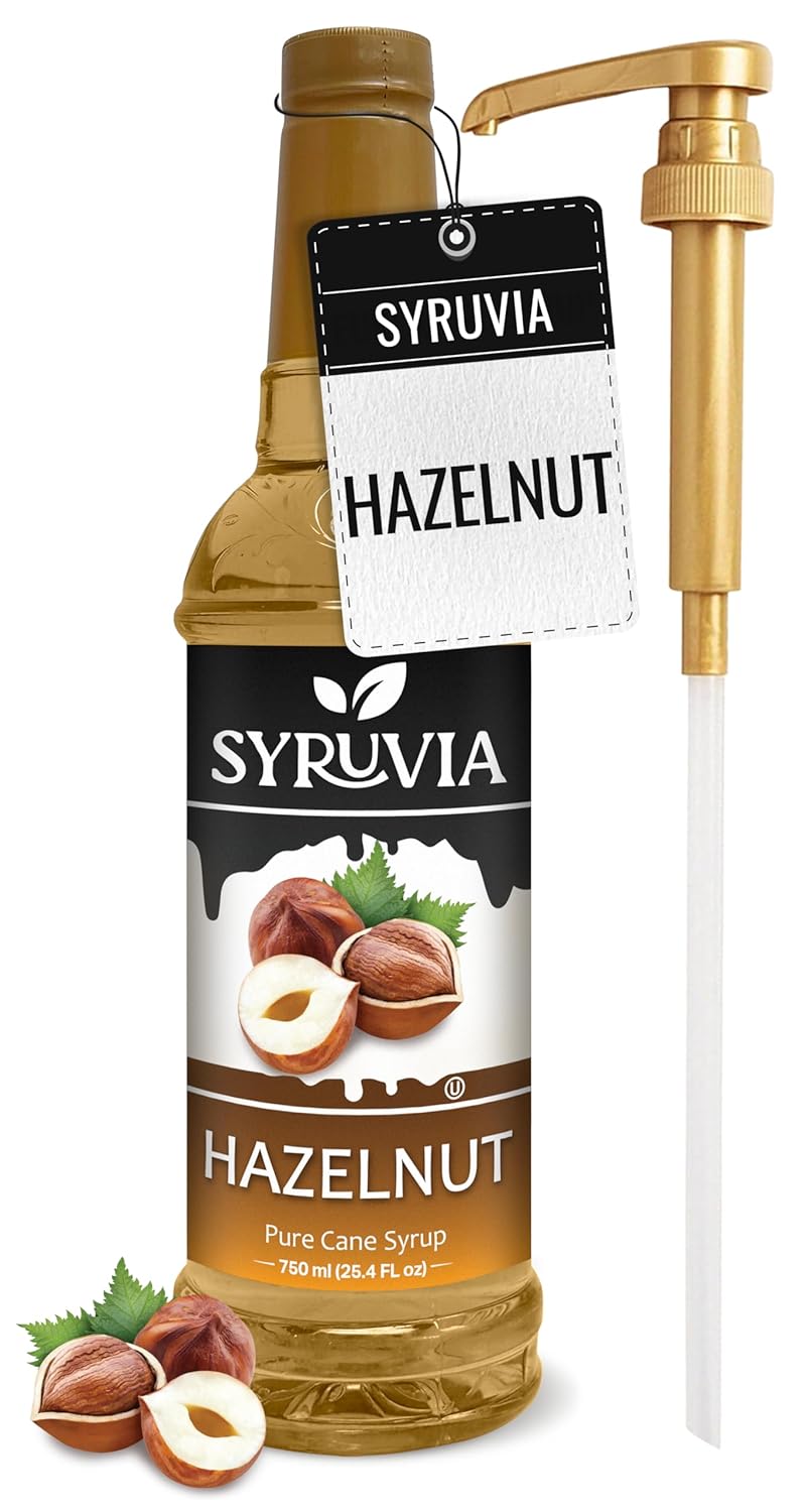 Syruvia Hazelnut Syrup – Hazelnut Coffee Syrup Flavor, 25.4 fl oz, Kosher, Gluten Free, Perfect for Coffee, Drinks, Soda, Desserts, and More, With Syrup Pump