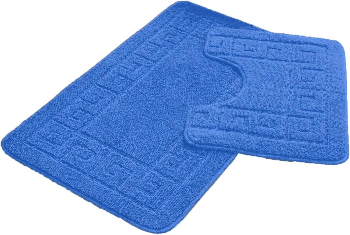 FAIRWAYUK Bathroom Mats Sets 2 Pieces, Ultra Plush Greek Pattern Bath Toilet Mat Anti Slip Pedestal Set, Extra Absorbent 100% Polypropylene Rug, Bathroom Accessory (Blue)