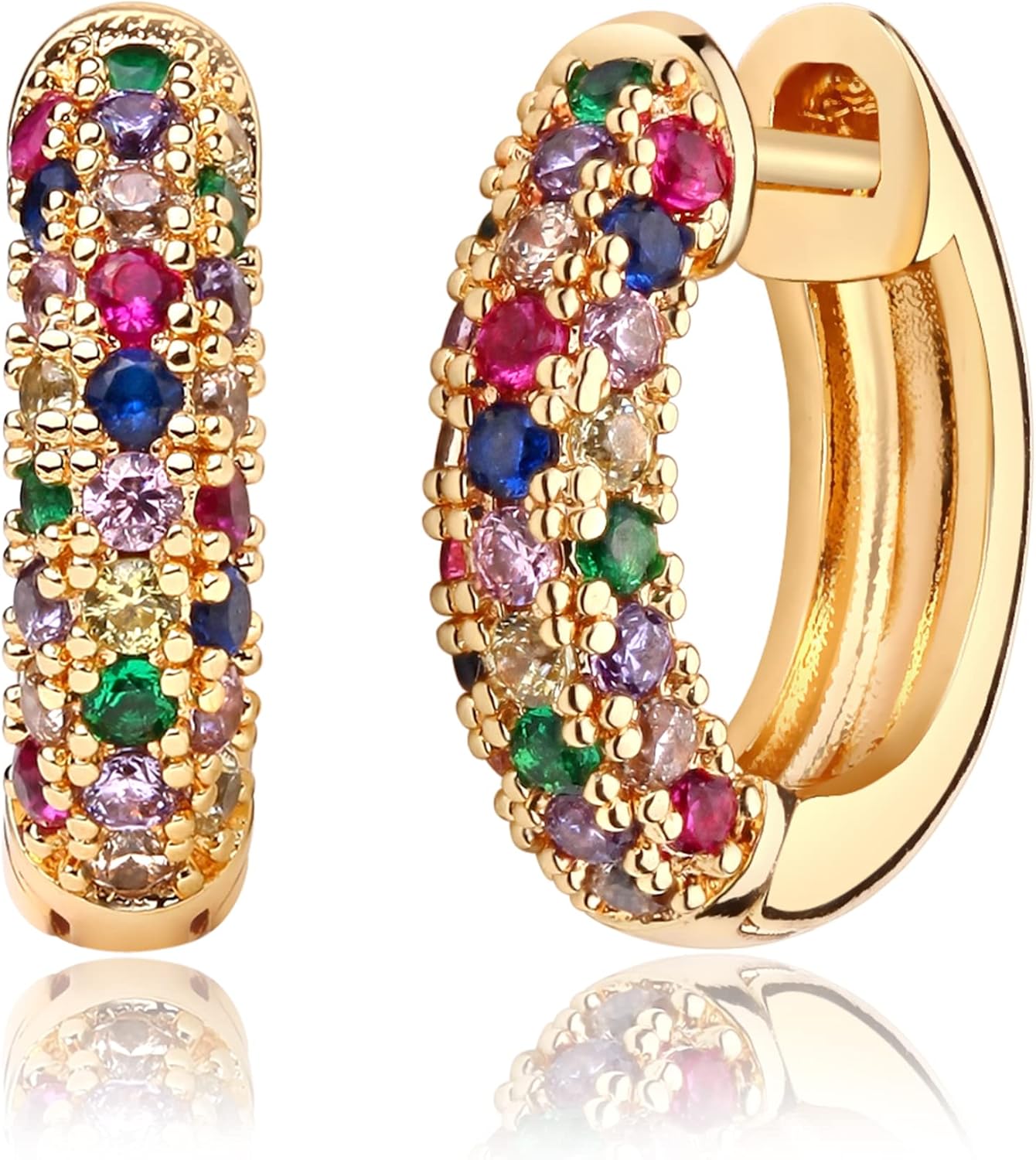 MEVECCO Dainty Women Gold CZ Huggie Hoop Earrings 18K Gold Plated White Multicolor Diamond Cubic Zriconia Inlay Sleeper Tiny Delicate Boho Beach Simple Handmade Jewelry for Her