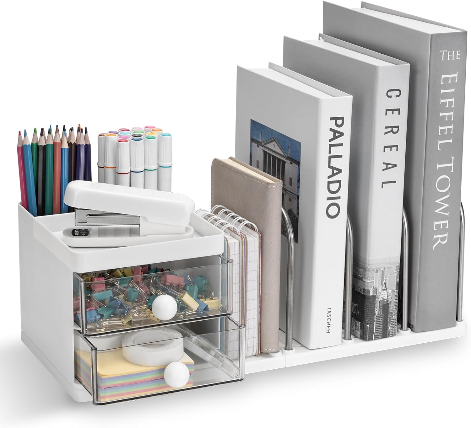 RISEMART Desk Organiser with File Holder, Versatile Desk Tidy Stationery Storage, Large Capacity Desktop Organizer for Office & School Accessories (White)
