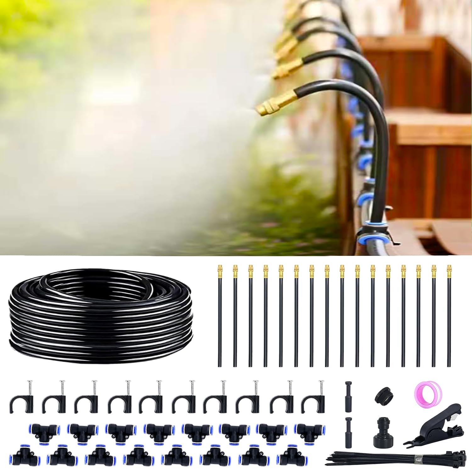 360° Adjustable Drip Irrigation System - 50FT Garden Watering System with 16 Nozzles, Garden Irrigation System, Greenhouse Accessories, Atomizing System for Yard, Lawn, Plants, 5/16 inch Hose
