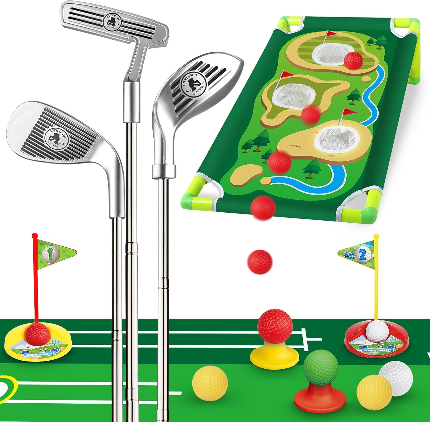 Toddler Golf Set, Golf Clubs Length Adjustable with Mat & Golf Cornhole, Upgraded Kids Golf Clubs with 8 Balls, Indoor & Outdoor Sports Toys Birthday Gifts for 3 4 5 6 Years Old Boys Girls