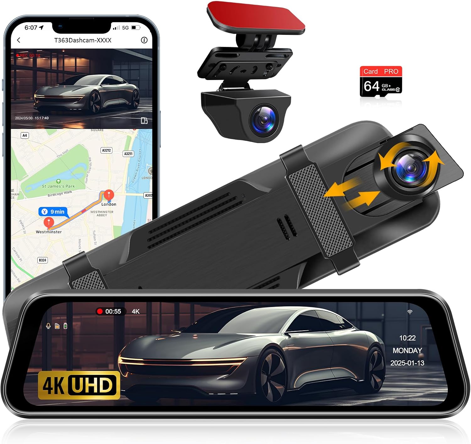 4K Rear View Mirror Dash Cam Front and Rear View Camera 10'' Dash Cam Mirror with Waterproof Reverse Camera WDR Tech Super Night Vision G-Sensor Parking Monitor Wide Angle Dashcam WiFi APP 64GB Card