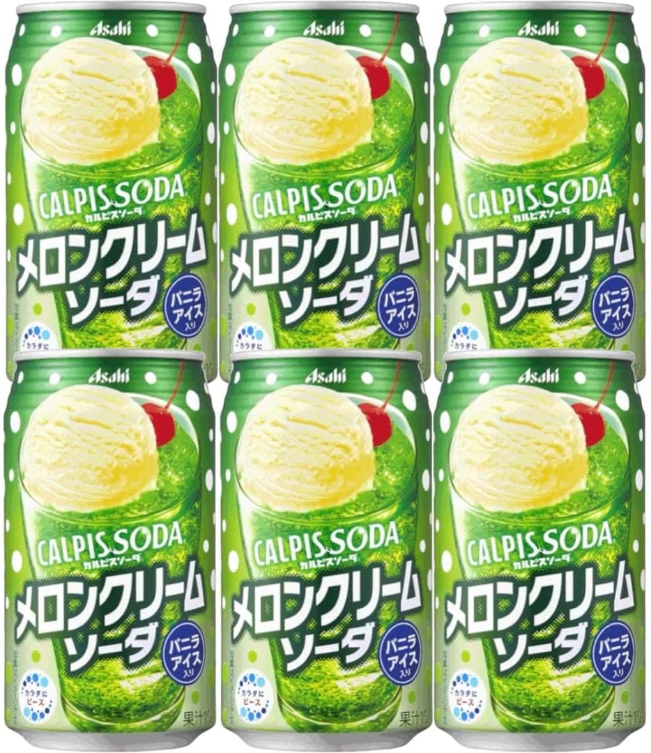 ASAHI CALPIS SODA Melon Cream Soda Japanese Canned Soft Drinks 350ml (Pack of 6)