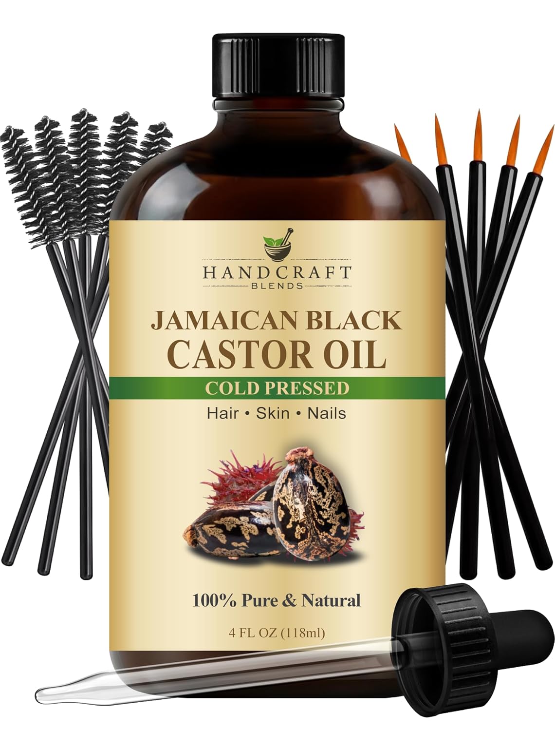 Handcraft Blends Cold-Pressed Jamaican Black Castor Oil in Glass Bottle with Lash Brushes - 4 Fl Oz - 100% Pure and Natural - Premium Grade Oil for Hair Growth, Eyelashes and Eyebrows - Hair and Body