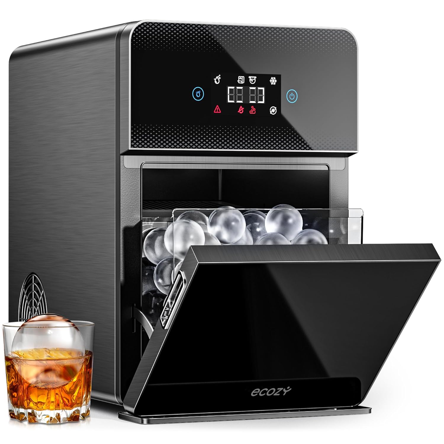 ecozy 2" Clear Ice Ball Maker with CrystalFlux Technology, 4 pcs in 40 Mins, 144 pcs/Day, Sphere Ice Maker with Automatic Water Supply, Self-Cleaning, Enhanced Insulation for Whiskey & Bourbon