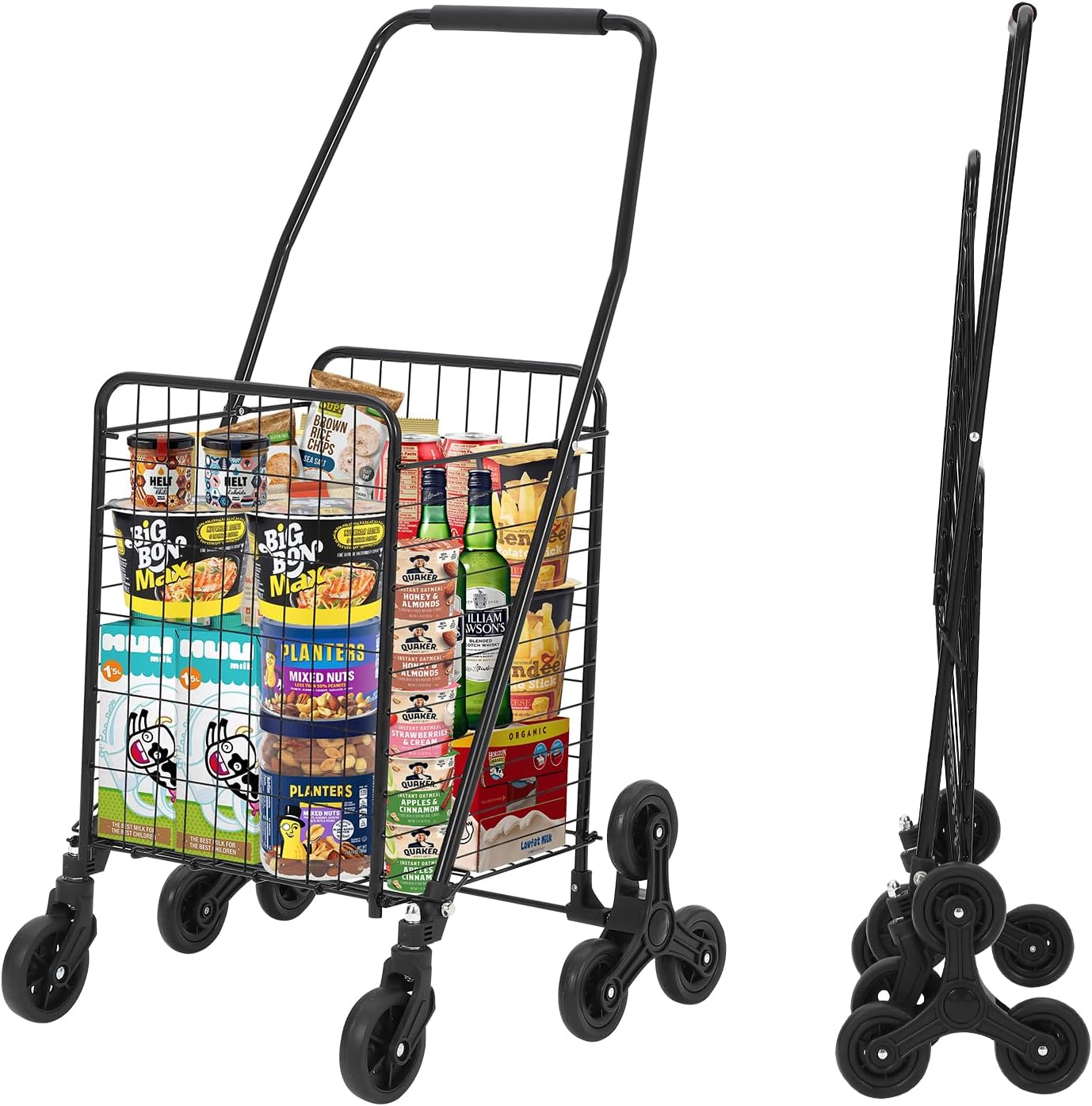 Folding Shopping Cart 110 LBS Capacity Utility Cart with Stair Climbing Wheels, 22 Gallon Large Basket, 360° Swivel Wheels, Collapsible Cart for Laundry, Shopping, Grocery, Luggage, Picnic