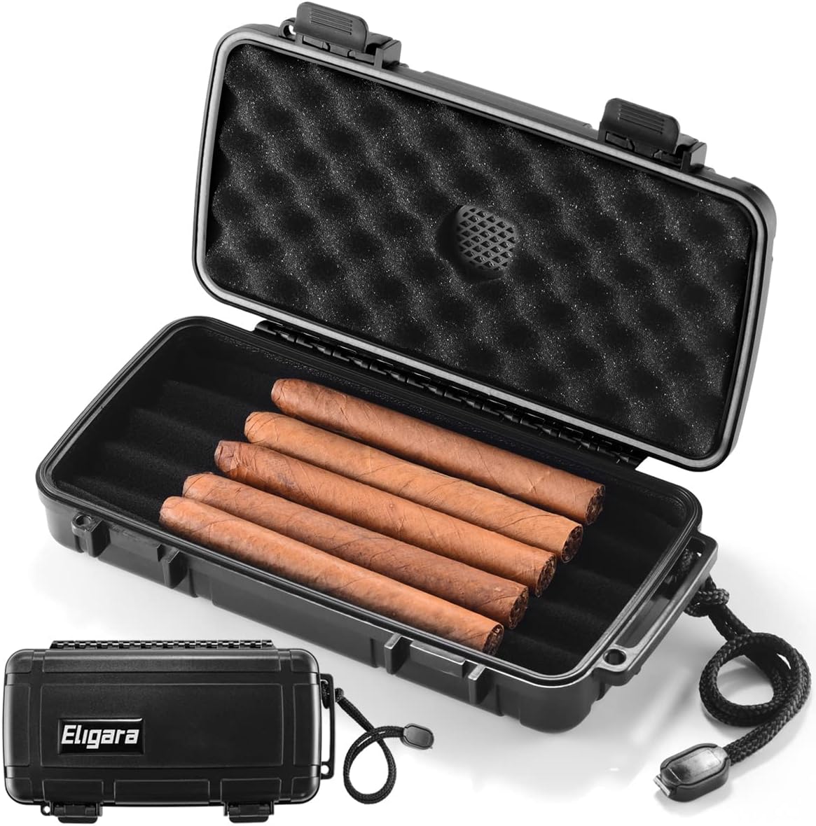 Travel Cigar Humidor Case with Humidifier Disc - Waterproof, Airtight, Durable and Crushproof - Holds up to 5 Cigars, Portable Cigar Box Gift for Men