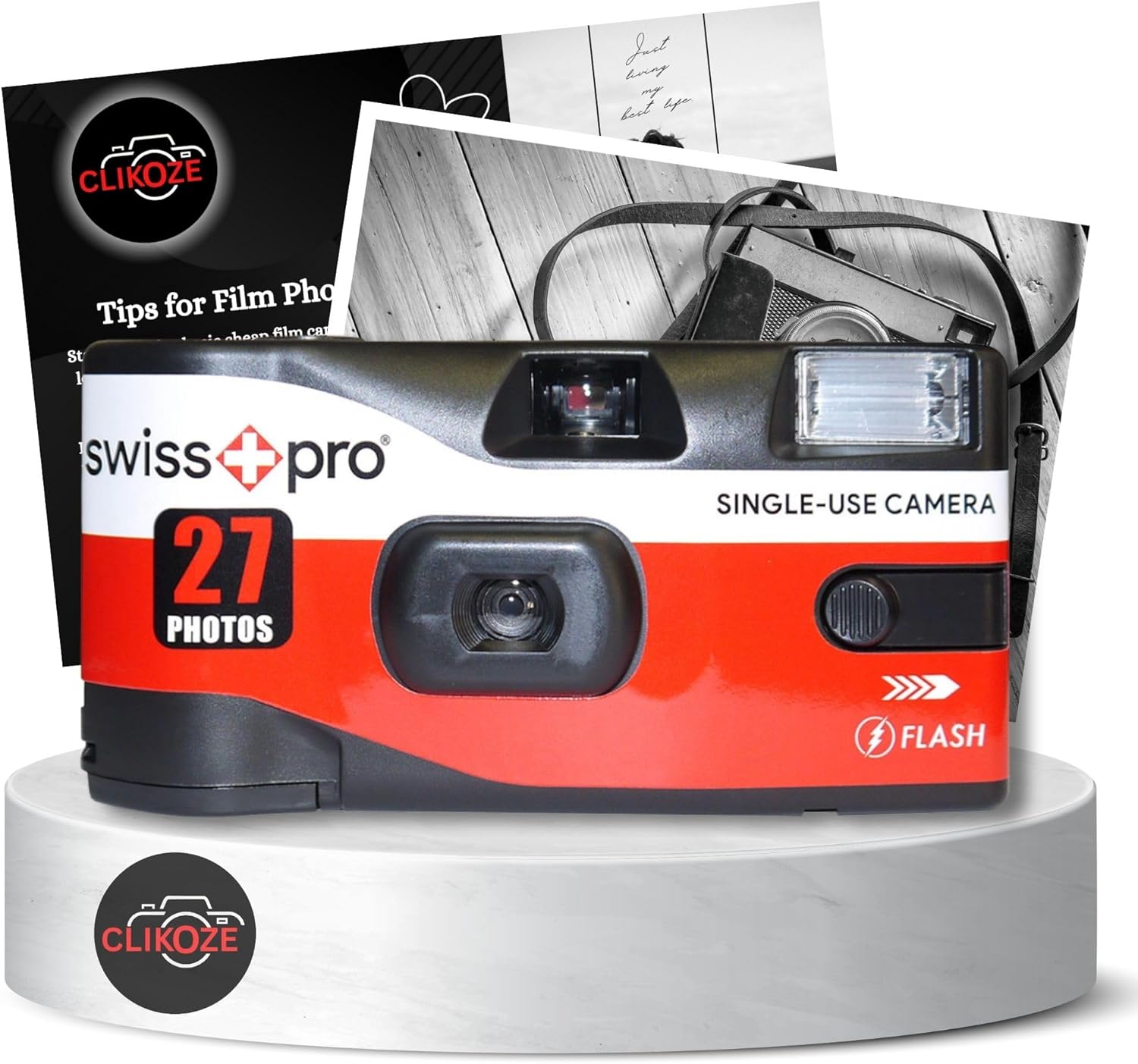 Disposable Camera Bundle with Swiss+Pro Disposable Camera Single-Use Film Cameras with 27 Exposures and Clikoze Disposable Photography Tips Card