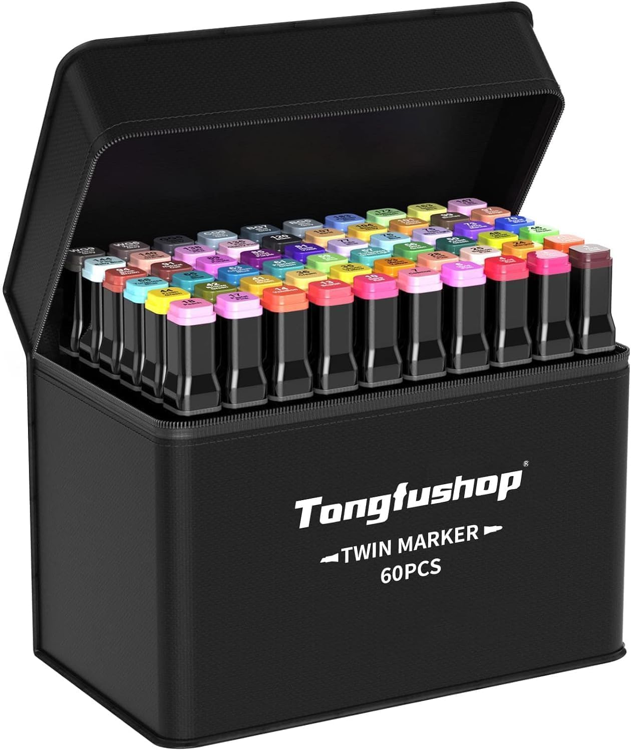 Tongfushop 60 Colored Marker Set, Colouring Pens for Adults, Dual Tip Art Alcohol Markers, Permanent Felt Tip Pens for Drawing, Sketching, Anime, Manga, Fun doodling with Carrying Case & Storage Base