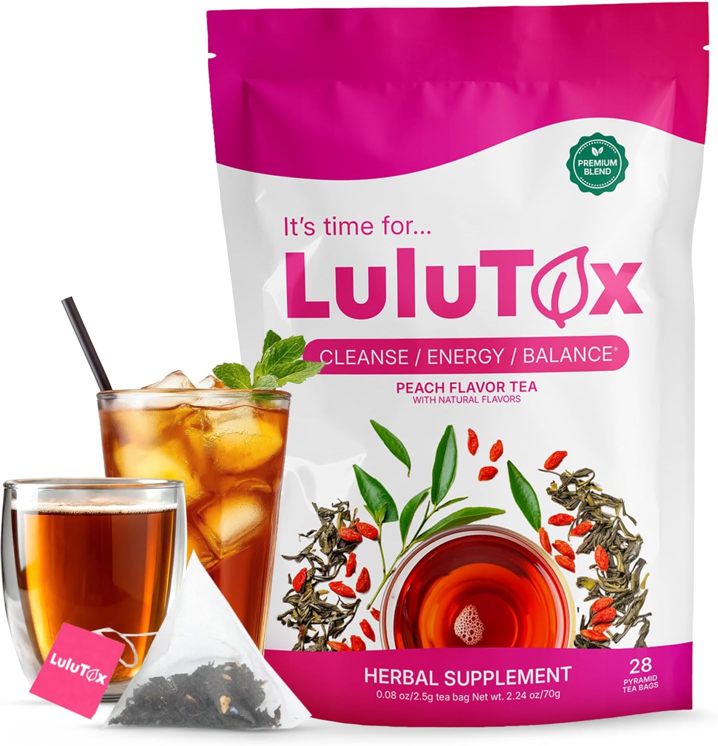LULUTOX Original Detox Tea - Herbal Blend with Dandelion, Ginseng, and Ginger - Supports A Healthy Weight, Digestive Health - Vegan, All Natural, Laxative-Free - Peach Flavor (28 Servings)