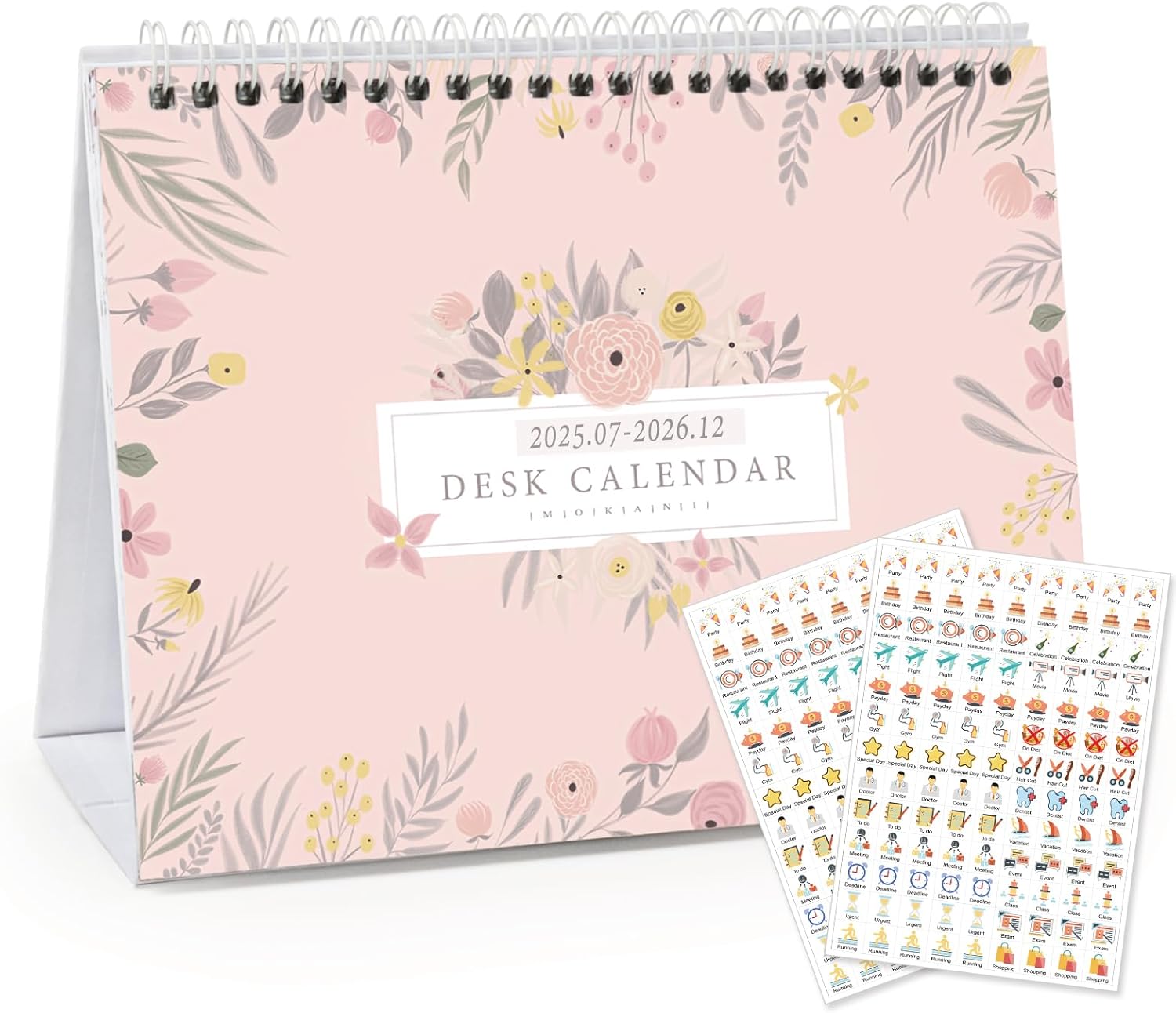 Small Desk Calendar 2025-2026, Mokani Standing Desktop Calendar (October 2025-December 2026), Academic Flip Calender with Stickers & US Holidays Marked (8"x6")