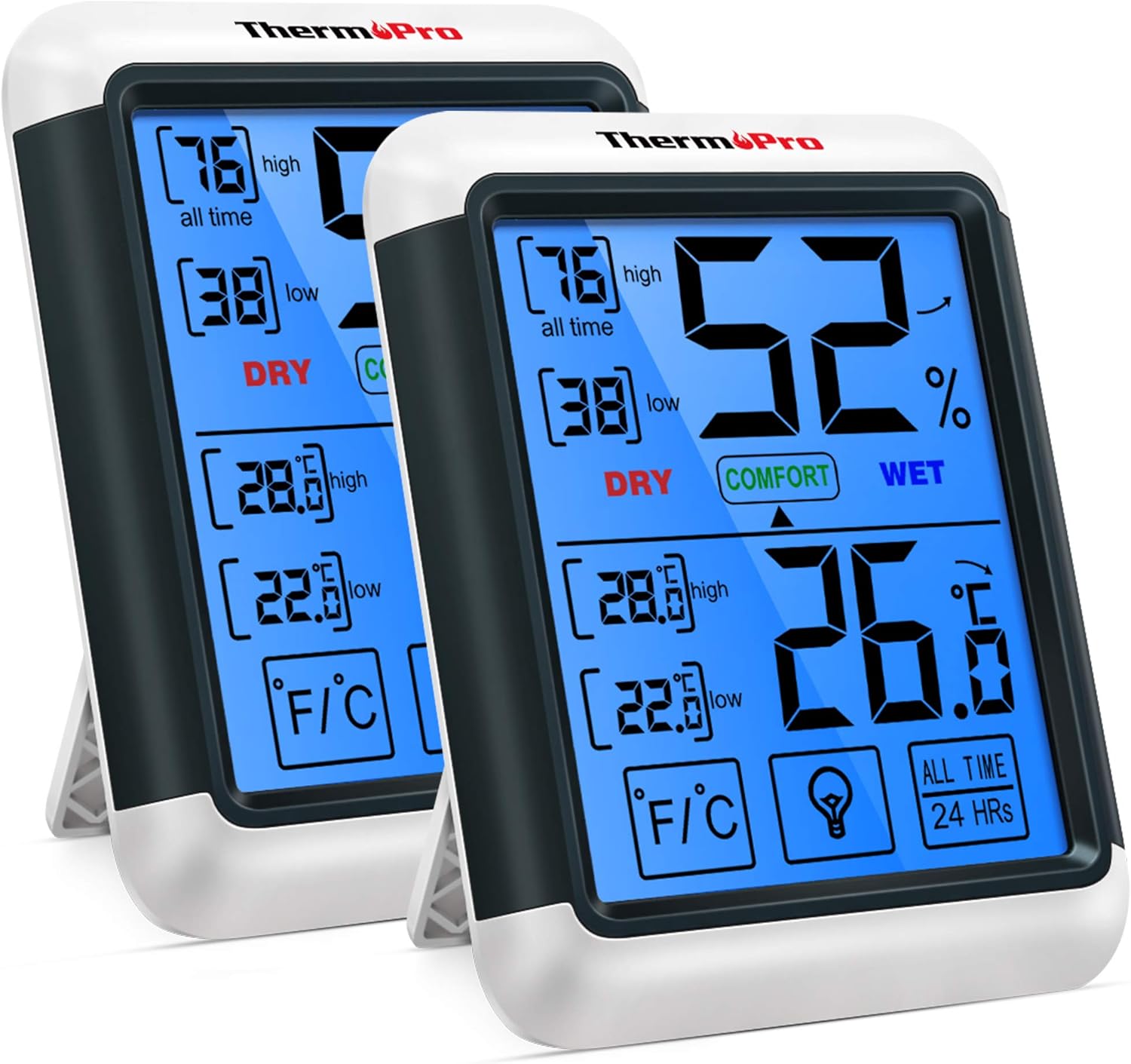 ThermoPro TP55 Digital Indoor Hygrometer Thermometer Temperature and Humidity Monitor Baby Room Nursery Moisture Meter with Large Backlight Touchscreen, 2 Pieces,Blue