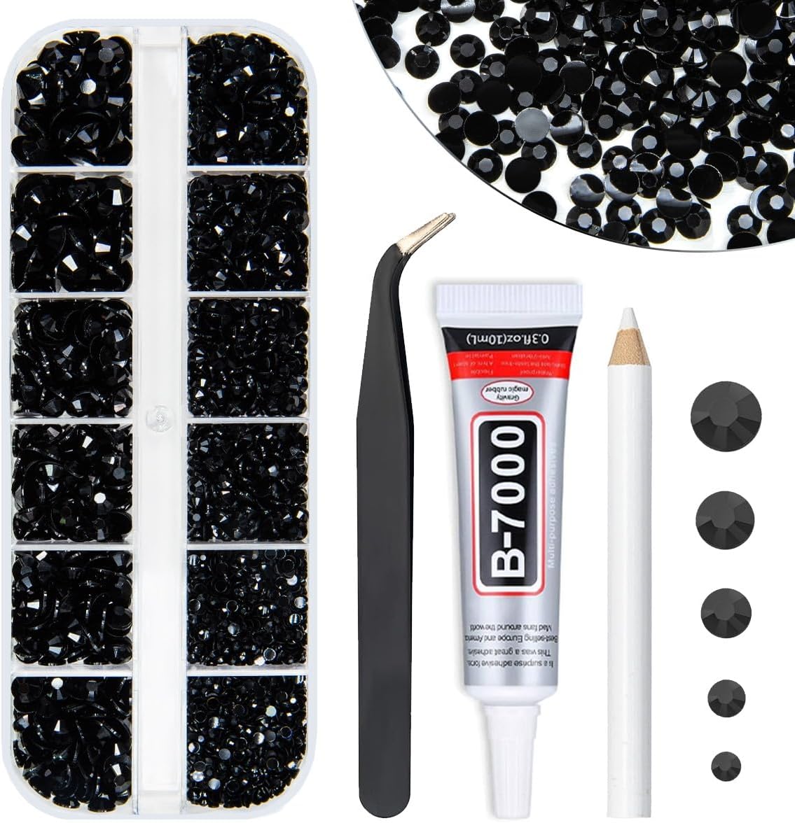 Pure Black Resin Rhinestones w B7000 Jewelry Glue for Bedazzling Crafting 2mm 3mm 4mm 5mm 6mm Flatback Jelly Stones Diamonds Gems Charms for Nails Face Eyes Makeup Body Tumblers Decor Crafts