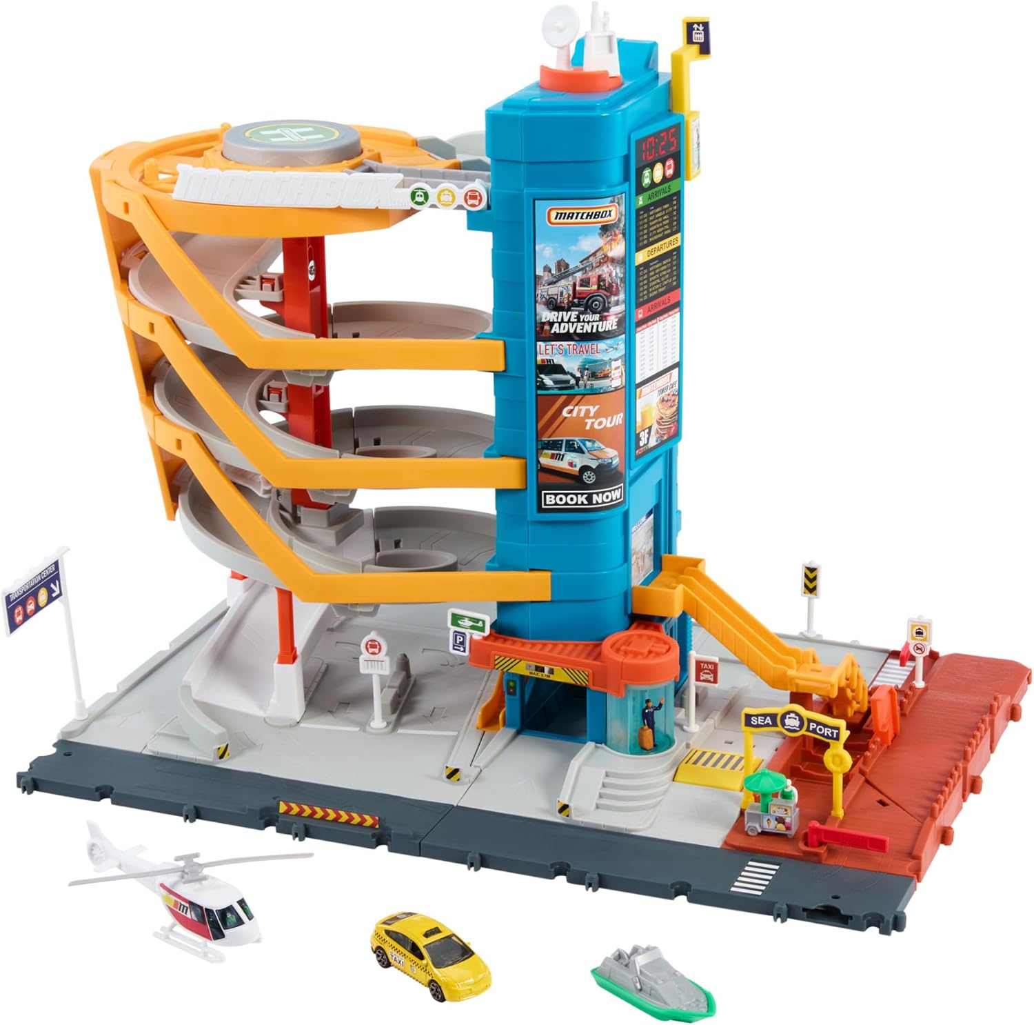 Matchbox Toy Vehicles & Playset, Transportation Center with 5 Levels, Kid- & Car-Activated Features, Includes 1:64 Scale Taxi, Boat & Helicopter & Food Vendor Accessory, HXL47