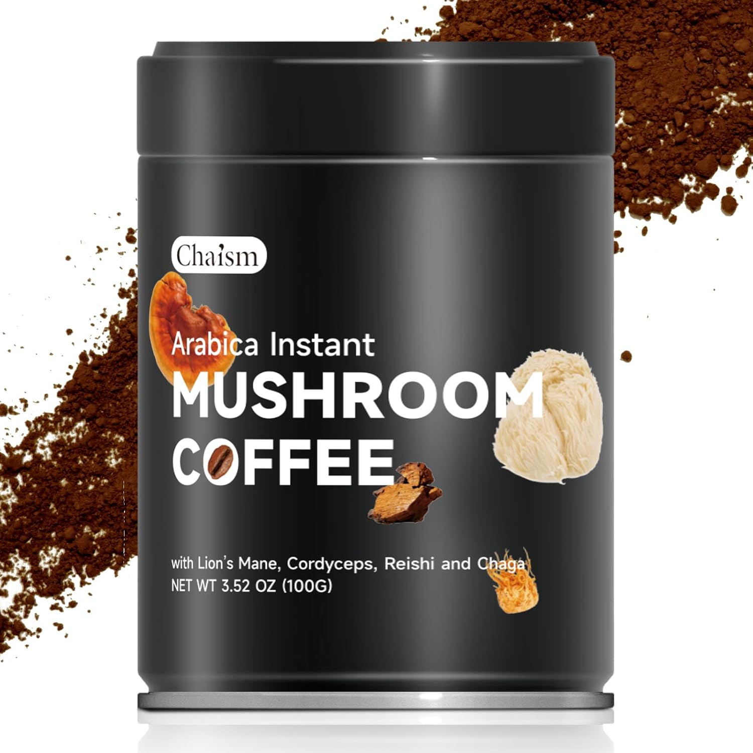 Chaism Instant Mushroom Coffee - 100% Arabica Bean with Lion's Mane, Cordyceps Militaris, Chaga, Reishi Extract, Energy Focus Clarity Immune System Boost (3.52oz)