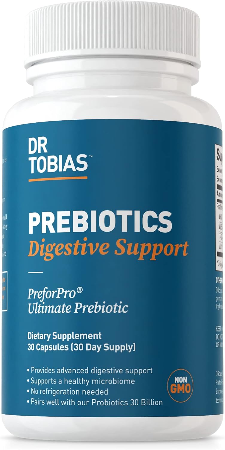Dr. Tobias Prebiotics, Supports Digestion & Gut Health, Feed Good Probiotic Bacteria, Boost Gut Immune Function, Vegan & Non-GMO Gut Health Supplements for Men and Women, 30 Capsules, 30 Servings