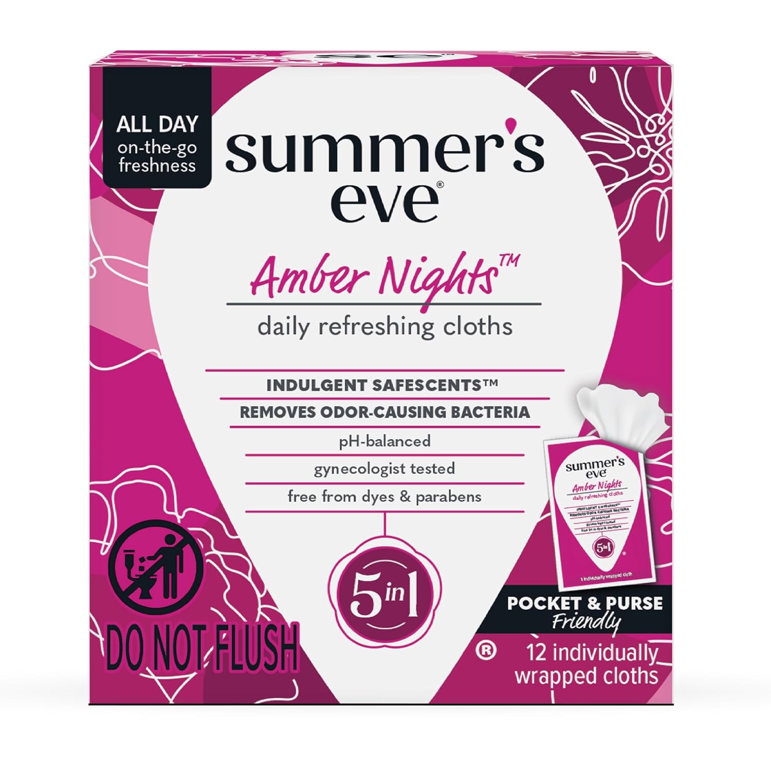 Summer's Eve Daily Cleansing Wipes, Amber Nights with Oat and Shea Extracts, Removes Odor, pH Balanced, 12 Count, 1 Pack