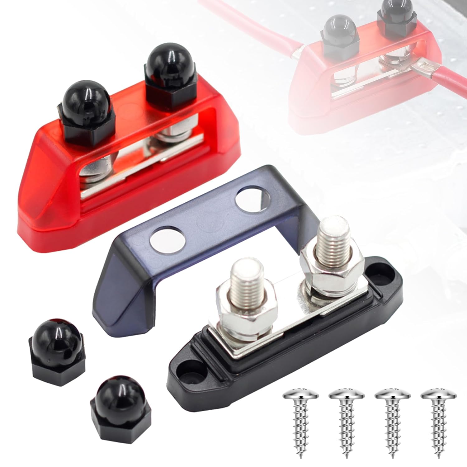 12 V-48 V Bus Bars Power Distribution Block: 250 A Battery Terminal Blocks with M10 Posts for Car Vehicle Boat Marine Caravan (2PCS Red + Black)