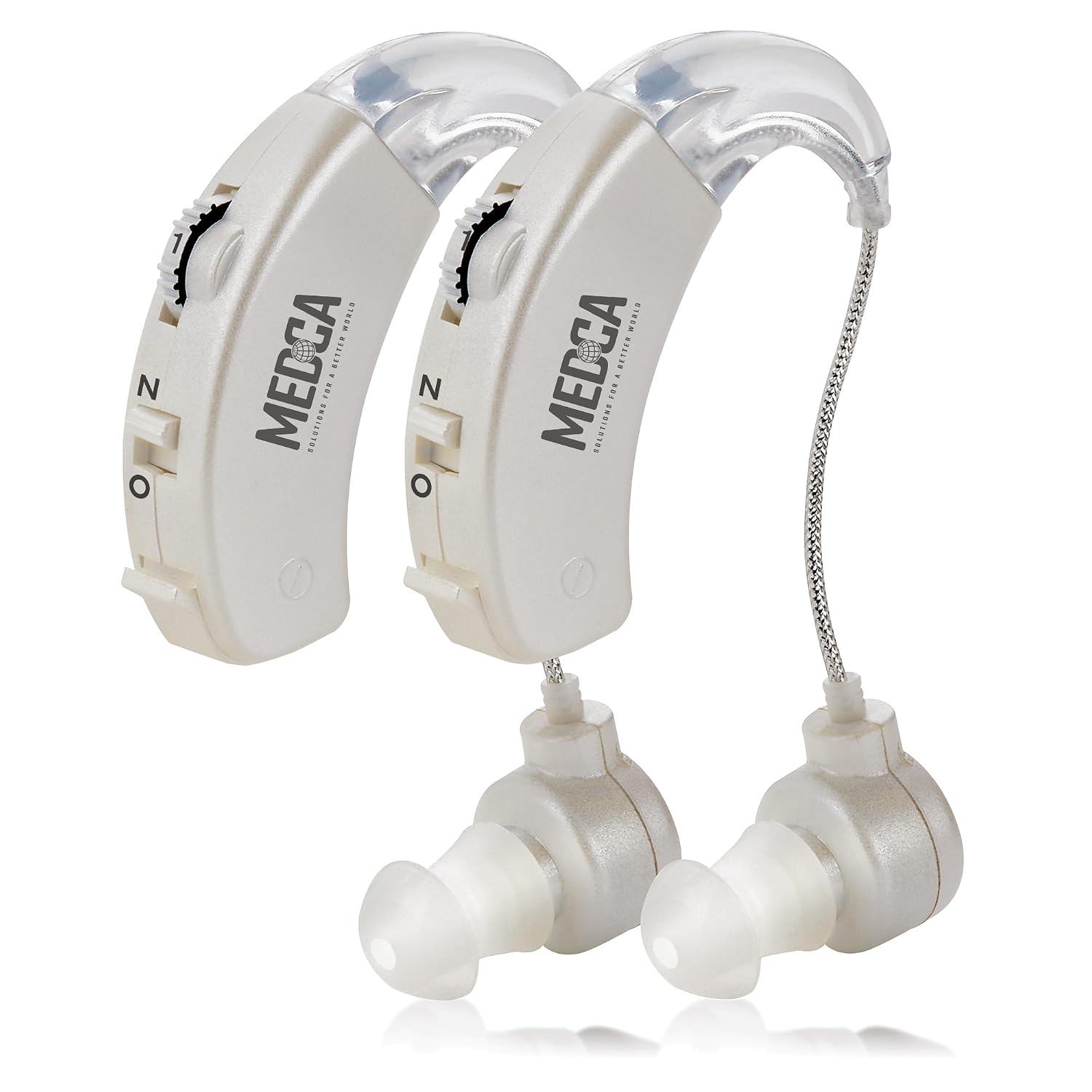 Behind-the-Ear Digital Sound Amplifiers (Pair) – Lightweight Personal Audio Enhancers with Noise Reduction, Easy Volume Control & Comfortable BTE Design – White