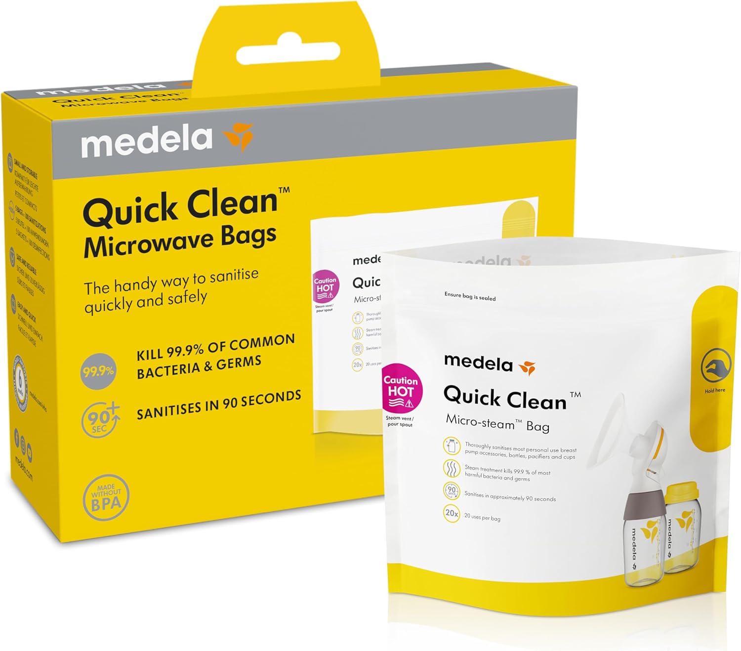 Medela Quick Clean Microwave Bags - Fast and convenient cleaning of breast pump parts or accessories, reusable, Pack of 5