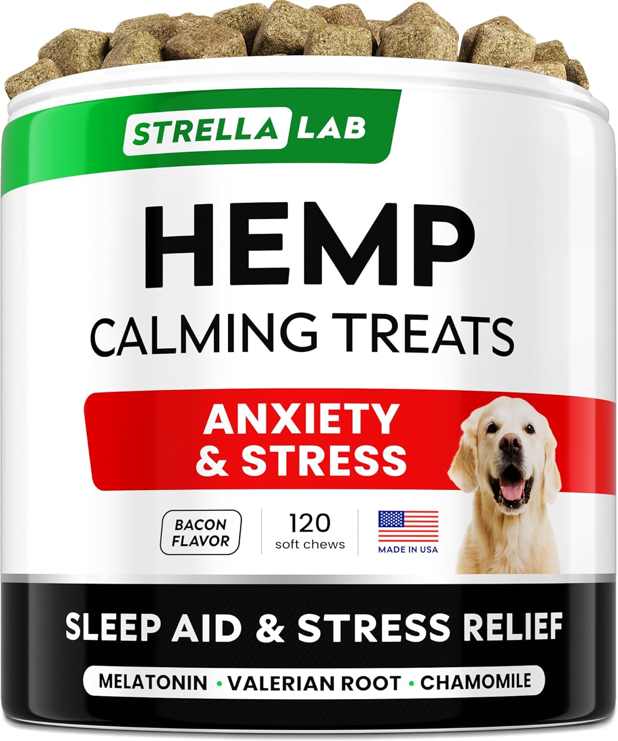 STRELLALAB Vet Formulated Hemp Calming Chews for Dogs - Anxiety Relief Calming Treats - Advanced Melatonin Pet Calm - Natural Sleep Aid & Stress, Separation Anxiety Relief - 120 Treats - Bacon