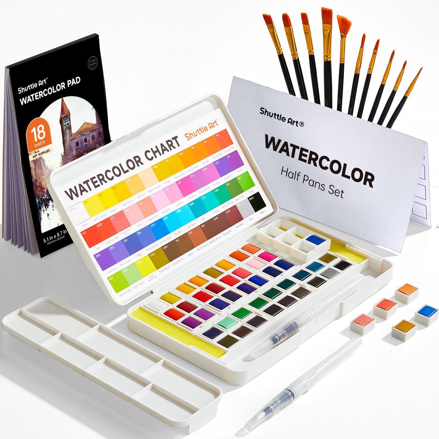 Shuttle Art Watercolour Paint Set, 48 colours Watercolour Paint in Half Pan, 2 Water Brush Pens, 10 Brushes, 1 Pad, 1 Palette, 2 colour Charts, Watercolour Kit for Kids, Adults, Artists