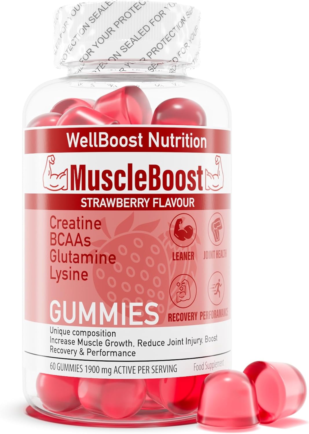 MuscleBoost Gummies – Creatine, BCAAs, Glutamine & Lysine – Muscle Growth, Recovery & Endurance Support – Vegan, Sugar-Free, Strawberry Flavour – 60 Chewable Gummies for Adults