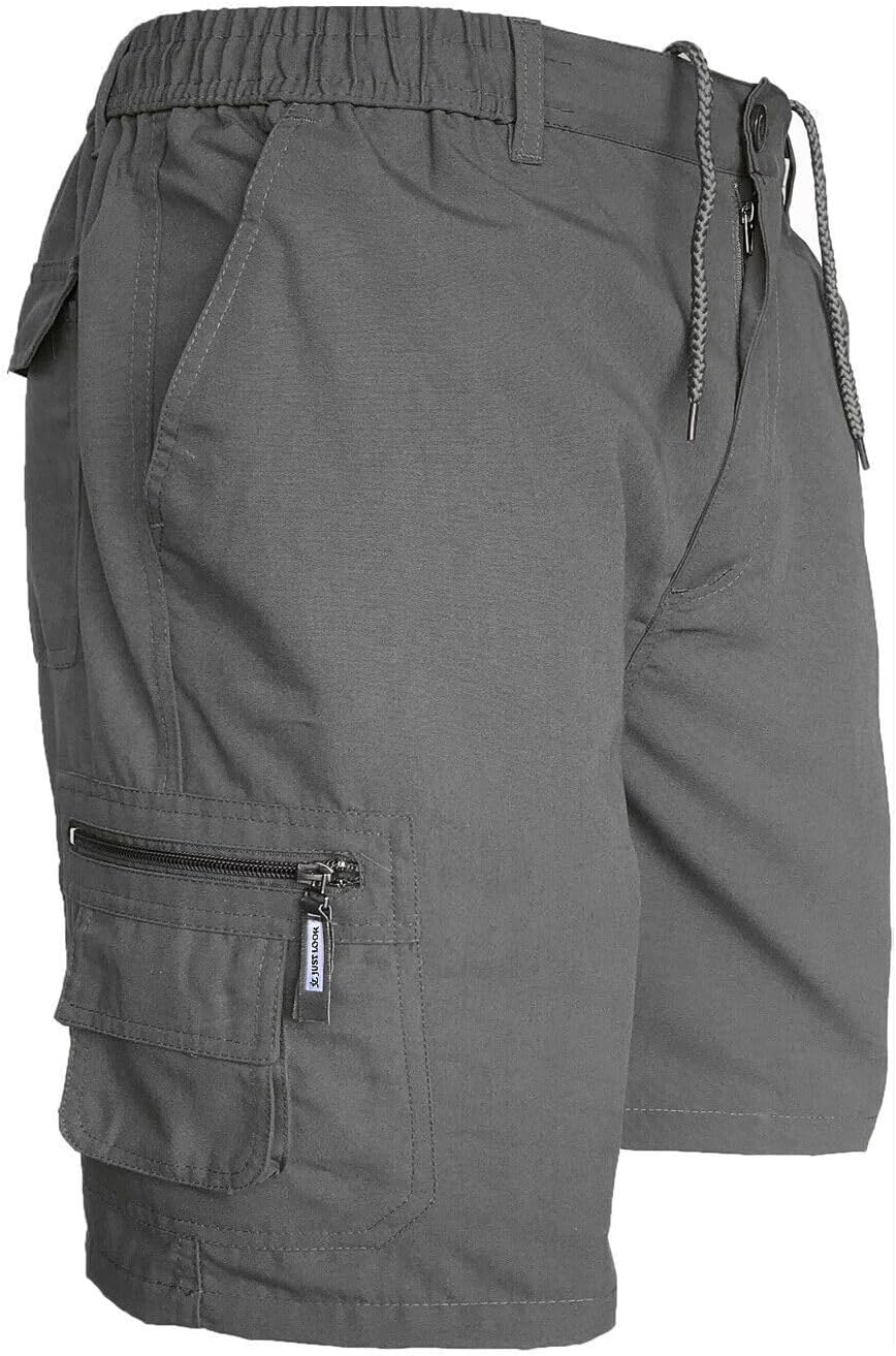 JUST LOOK Mens Cargo Shorts Combat Multi Pocket Elasticated Waist Plain Lightweight Shorts