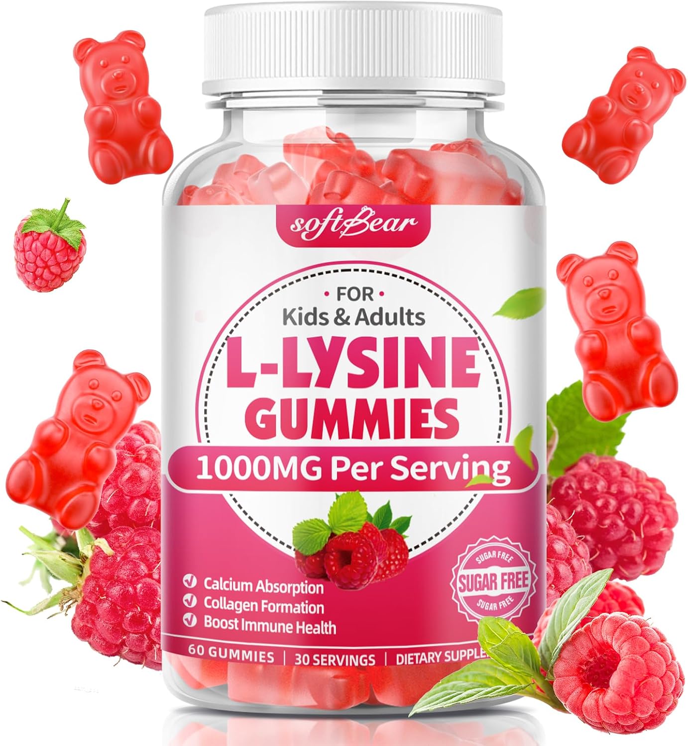 softbear L-Lysine Gummies for Adults & Kids, L Lysine 1000mg Chewable Lysine Supplement for Lips & Oral Health, Immune & Collagen Support, Vegan, Non GMO, Gluten-Free, Raspberry Flavor 60 Count