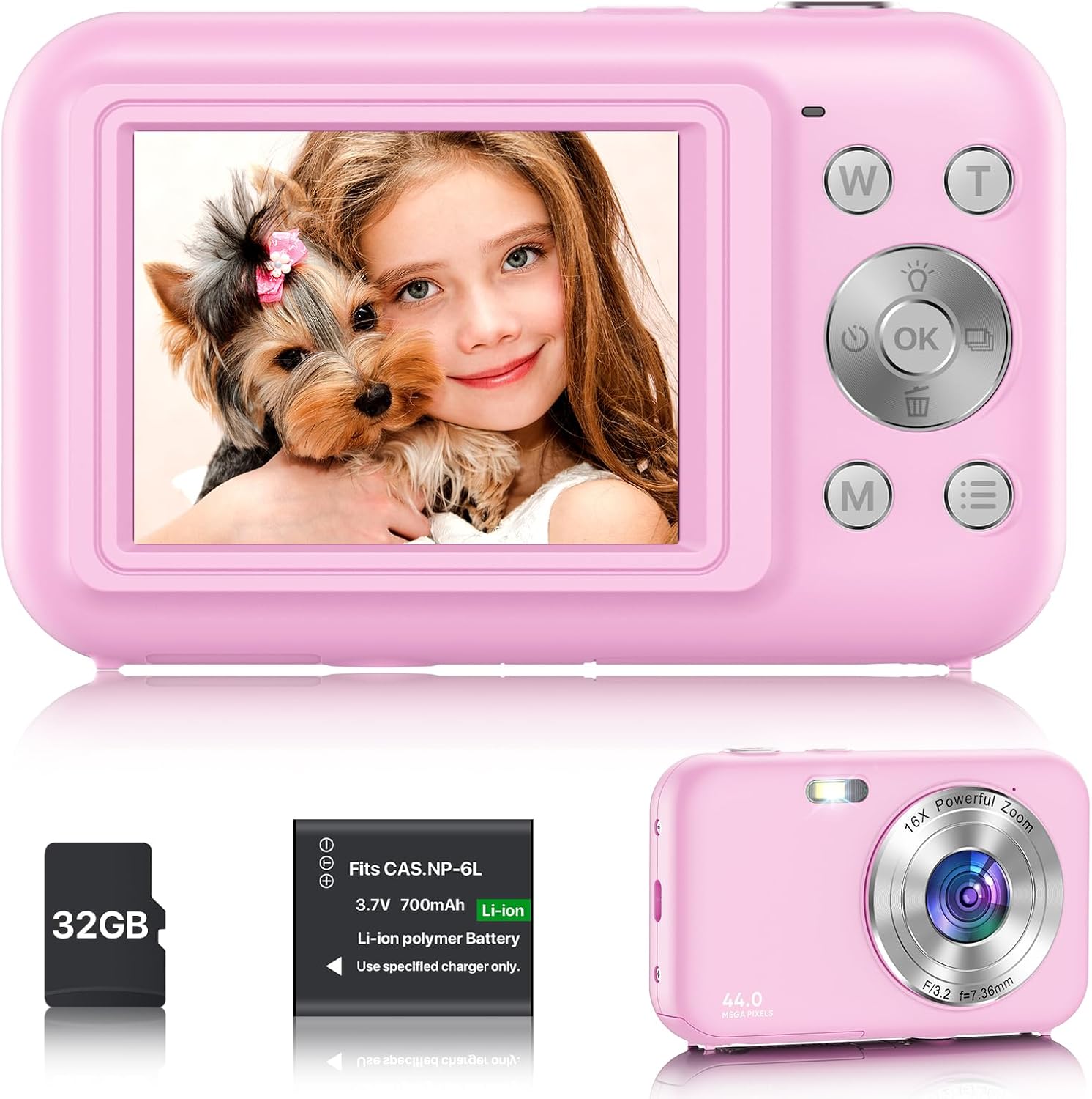 Kids Camera FHD 1080P 44MP Compact Digital Camera with 32GB SD,Kid Camera HD Cheap Compact Digital Camera Photo Camera with 2.4" Screen 16X Digital Zoom and 1 Battery for Girls, Boys, Beginner