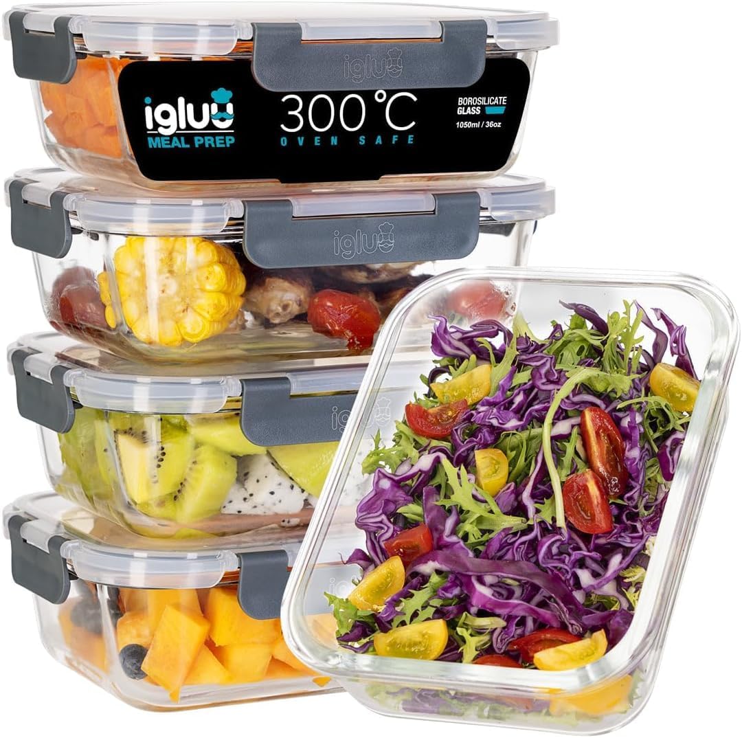 Igluu Meal Prep Glass Containers with Airtight Lids 5 Pack 1050ml 36oz BPA-Free Meal Prep Containers Reusable – Borosilicate Glass, Oven Safe