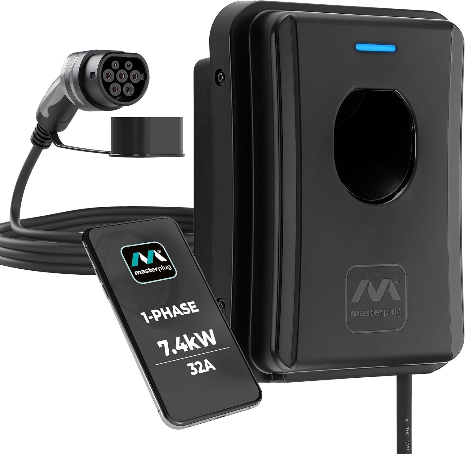 Masterplug Smart EV Home Wall Charger for Type 2 Electric and Plug-In Hybrid Vehicles, Tethered with 5m Cable, Mode 3, App Control, Solar Charging, Single Phase, Black, IP55, 7.4kW, 32A, EVCM3ST7B-MP
