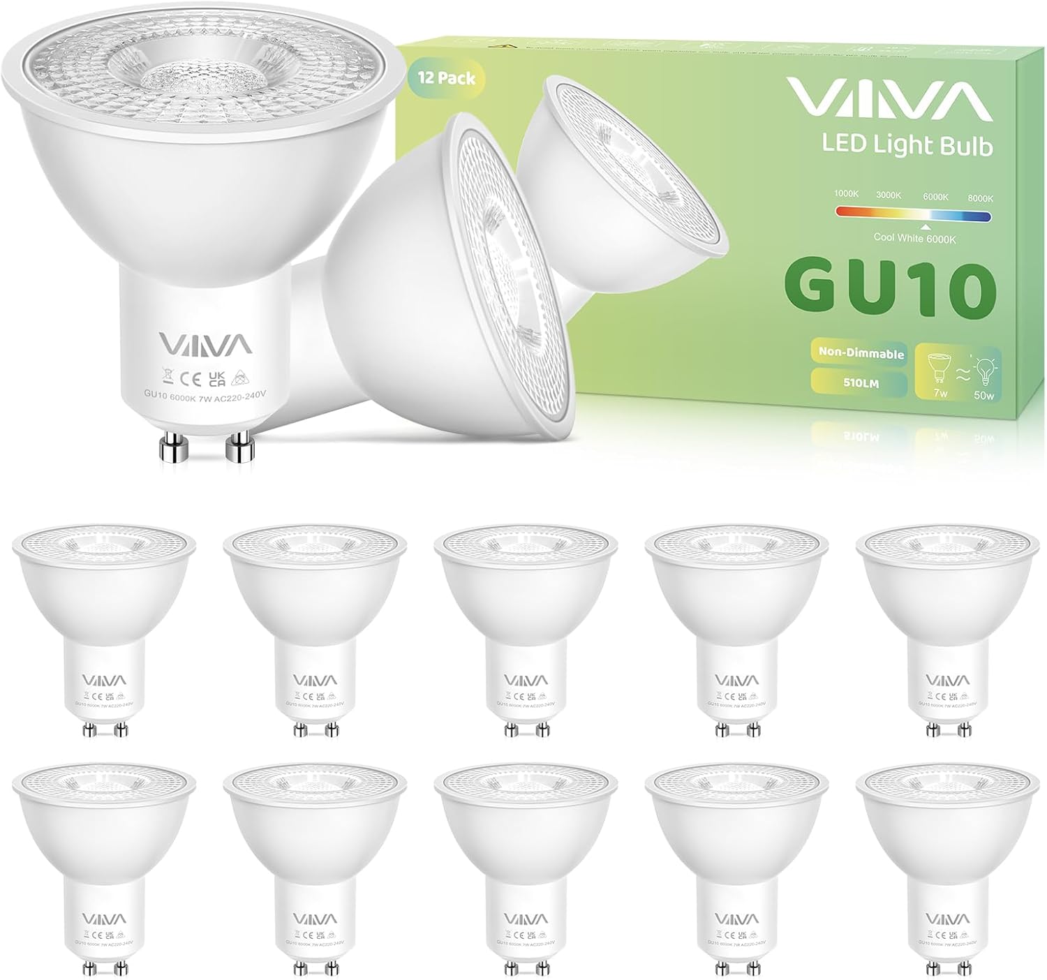 VIIIVA GU10 Led Bulbs Cool White-12 Packs,7W 6000K Spotlight Light Bulb, (50W Equivalent) Energy Saving, CRI>80, 510LM, 38° Beam Angle, Non-Flicker, Non-Dimmable, for Home Lighting