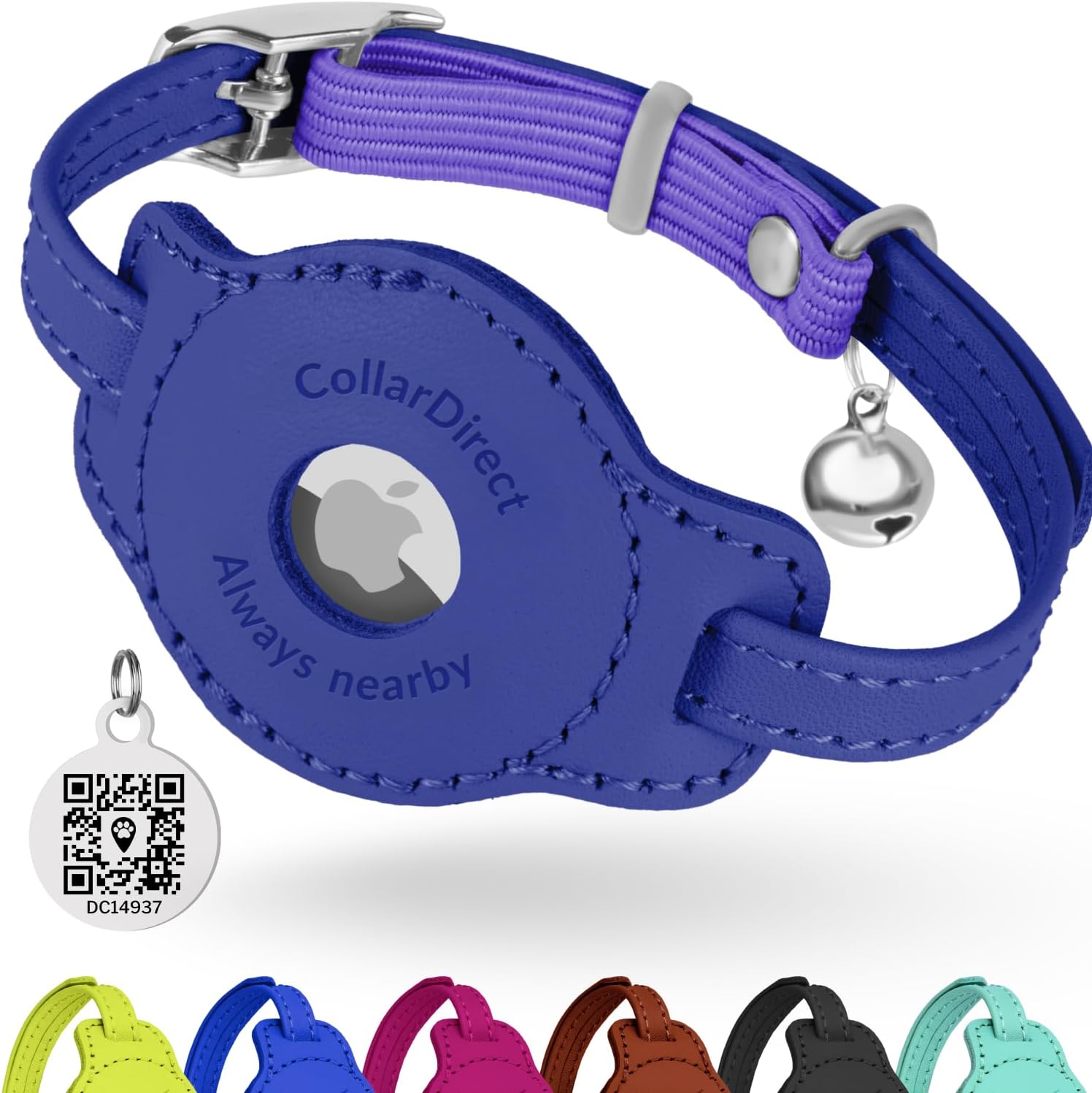 Soft Leather AirTag Cat Collar with Safety Elastic Strap - Violet