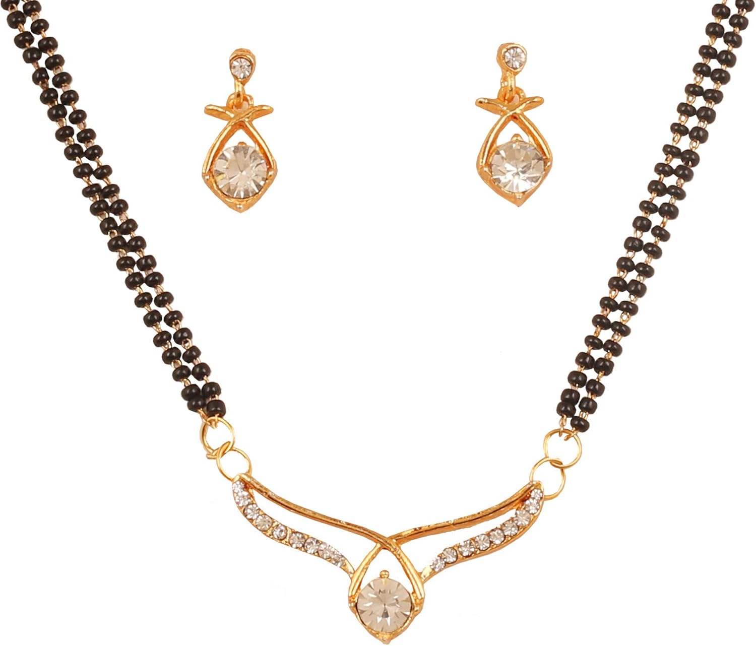 Touchstone Indian Bollywood Style Rhinestone Zirconia CZs Black Beads Symbolic Designer Jewelry Mangalsutra Set in Gold Or White Tone for Women.