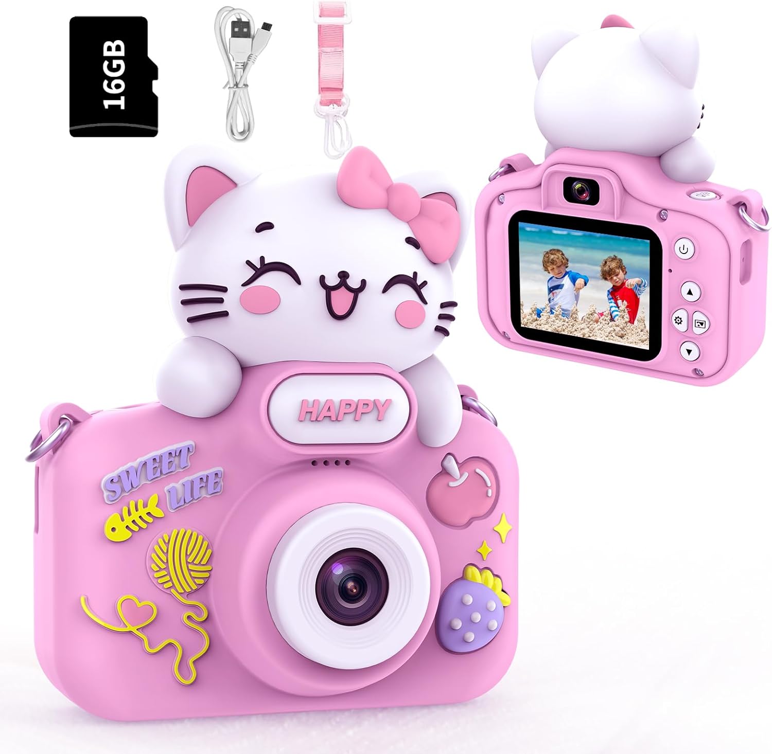 Kids Camera, Digital Camera for Kids Age 3-5 Boys/Girls, Toddler Cameras for 6 7 8 9 10 11 12 Year Old Christmas Birthday Festival Gifts, Cameras Toys with 16G TF Card, Pink