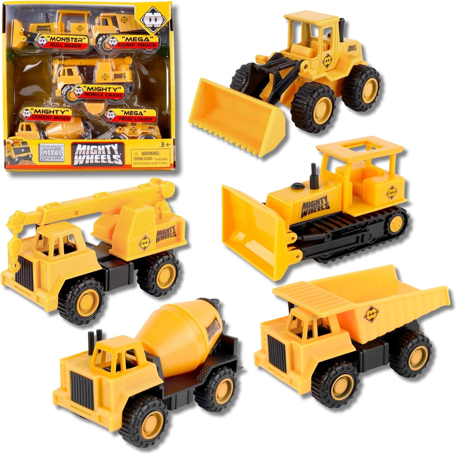 Mighty Wheels 5 Pc Steel Construction Truck Toys Set 3.5" - Includes Dump Truck, Front Loader, Bulldozer, Cement Mixer, Crane - Steel and Plastic Construction Toys for 3+ Year Old Boys and Girls