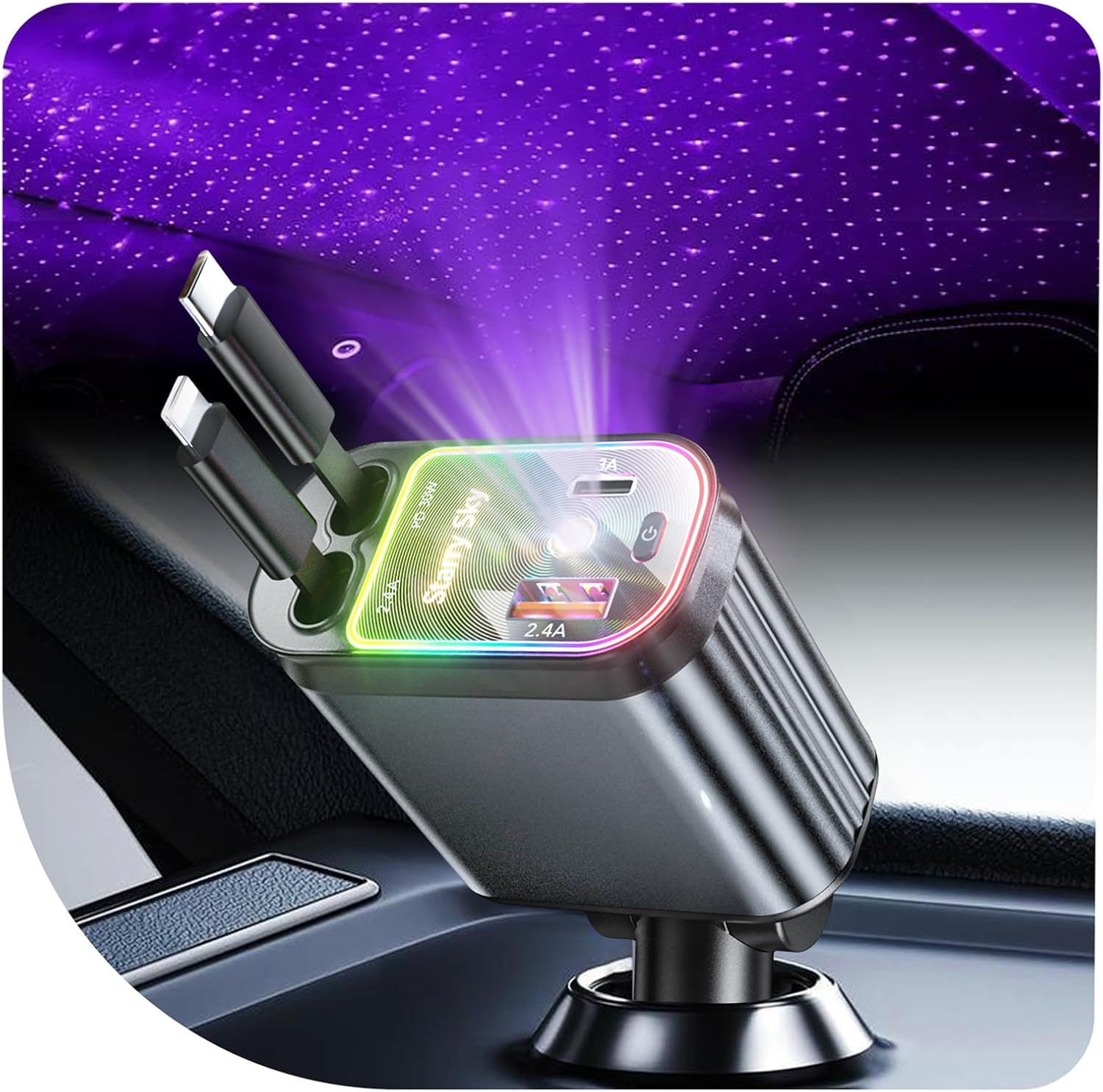 Starlight Retractable Car Charger, Car Phone Charger USB C Fast Charger