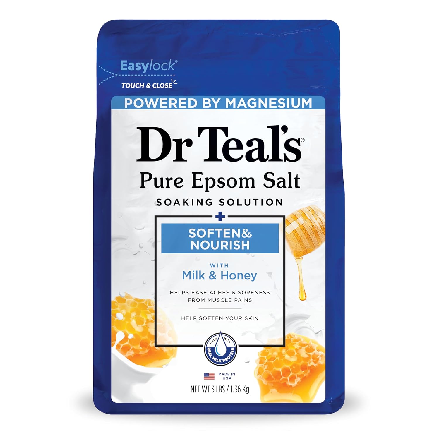 Dr Teal's Epsom Salt Magnesium Soak, Soften & Nourish with Milk and Honey, 3 lbs