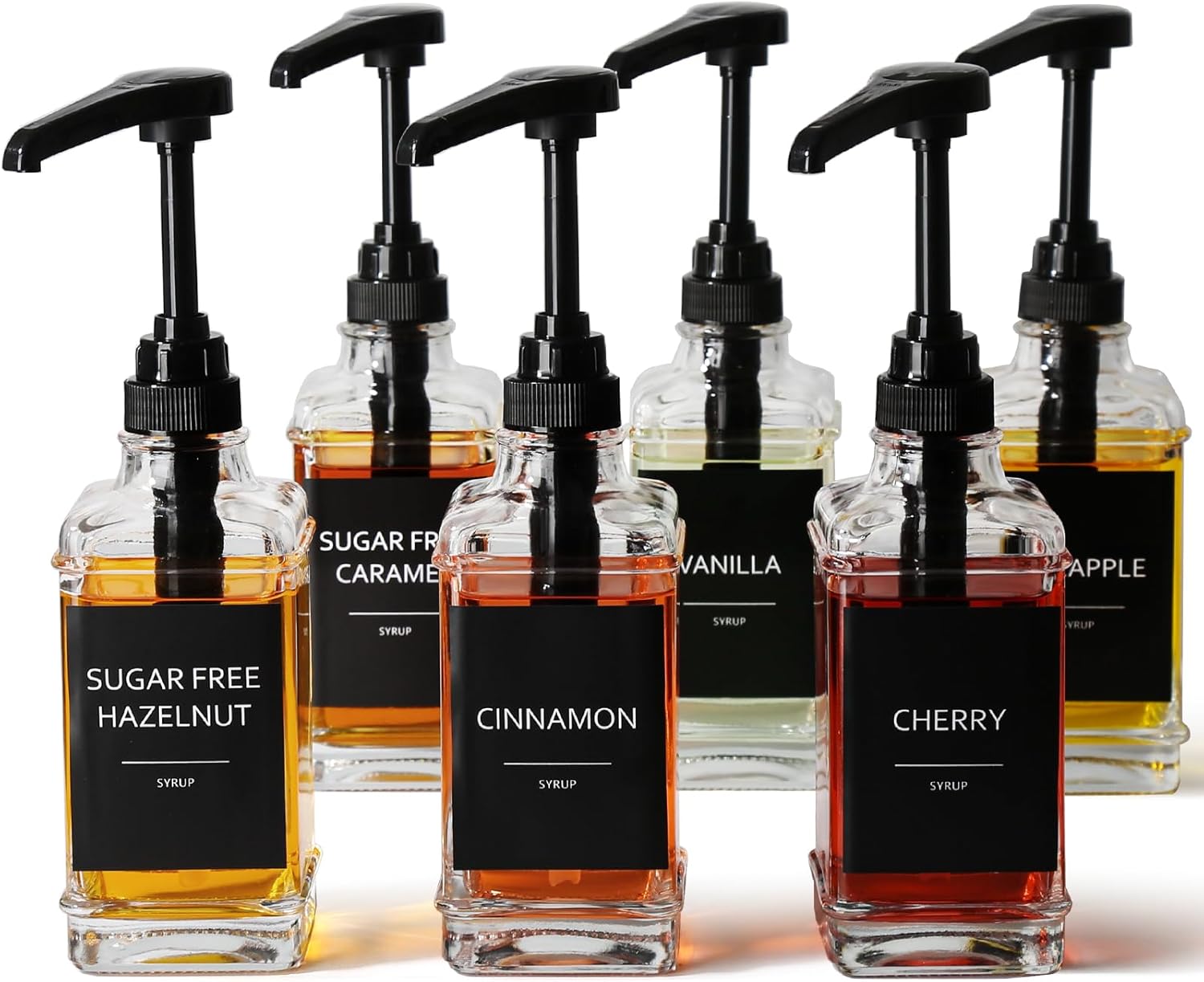 GMISUN Coffee Syrup Dispenser, 10 fl oz/300ml Syrup Pump Dispenser for Coffee Bar Accessories & Essentials, Small Square Glass Syrup Bottle, Simple Maple Syrup Bottles with 1/4oz Large Capacity Pump