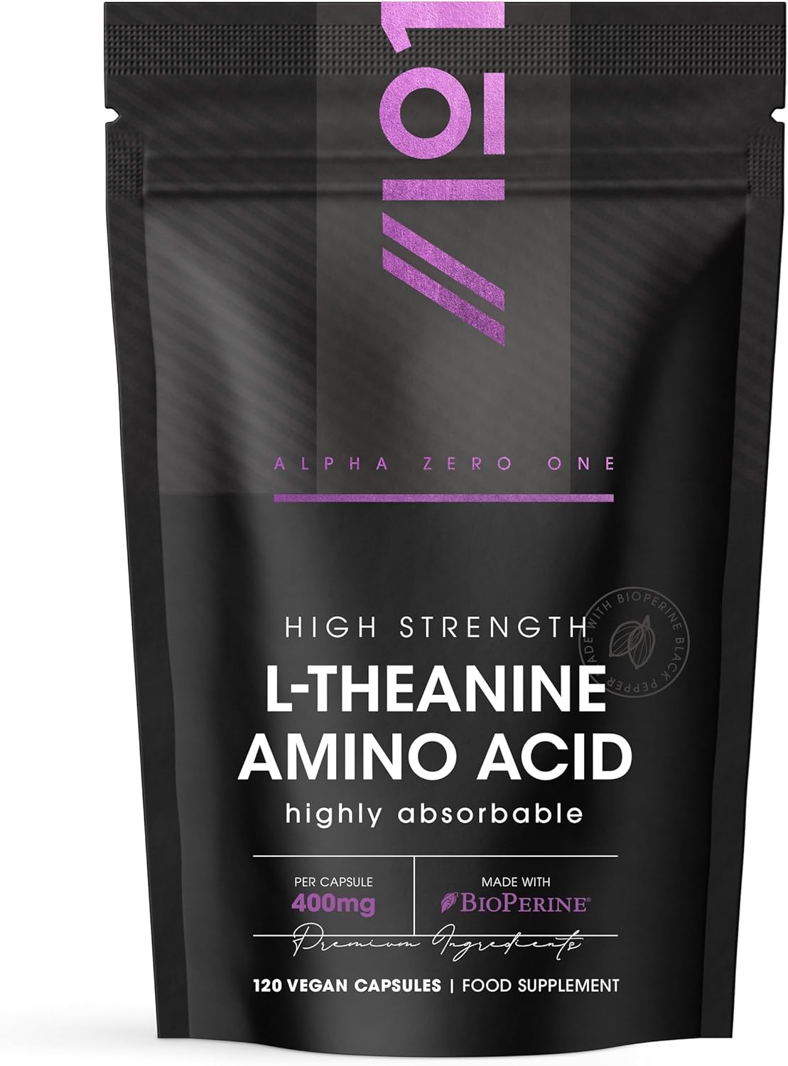 L-Theanine 400mg with BioPerine - 120 Vegan Capsules - Highly Bioavailable - Resealable and Recyclable Pouch - 6 Months Supply by Alpha01