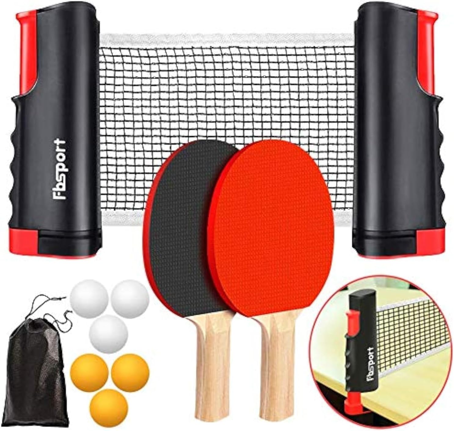 FBSPORT ping pong set, Table Tennis Sets, 2 Bats, 6 Balls and extendable ping-pong nets, Professional Ping Pong Racket Paddle Set with Carry Bag, for Indoor/Outdoor Games