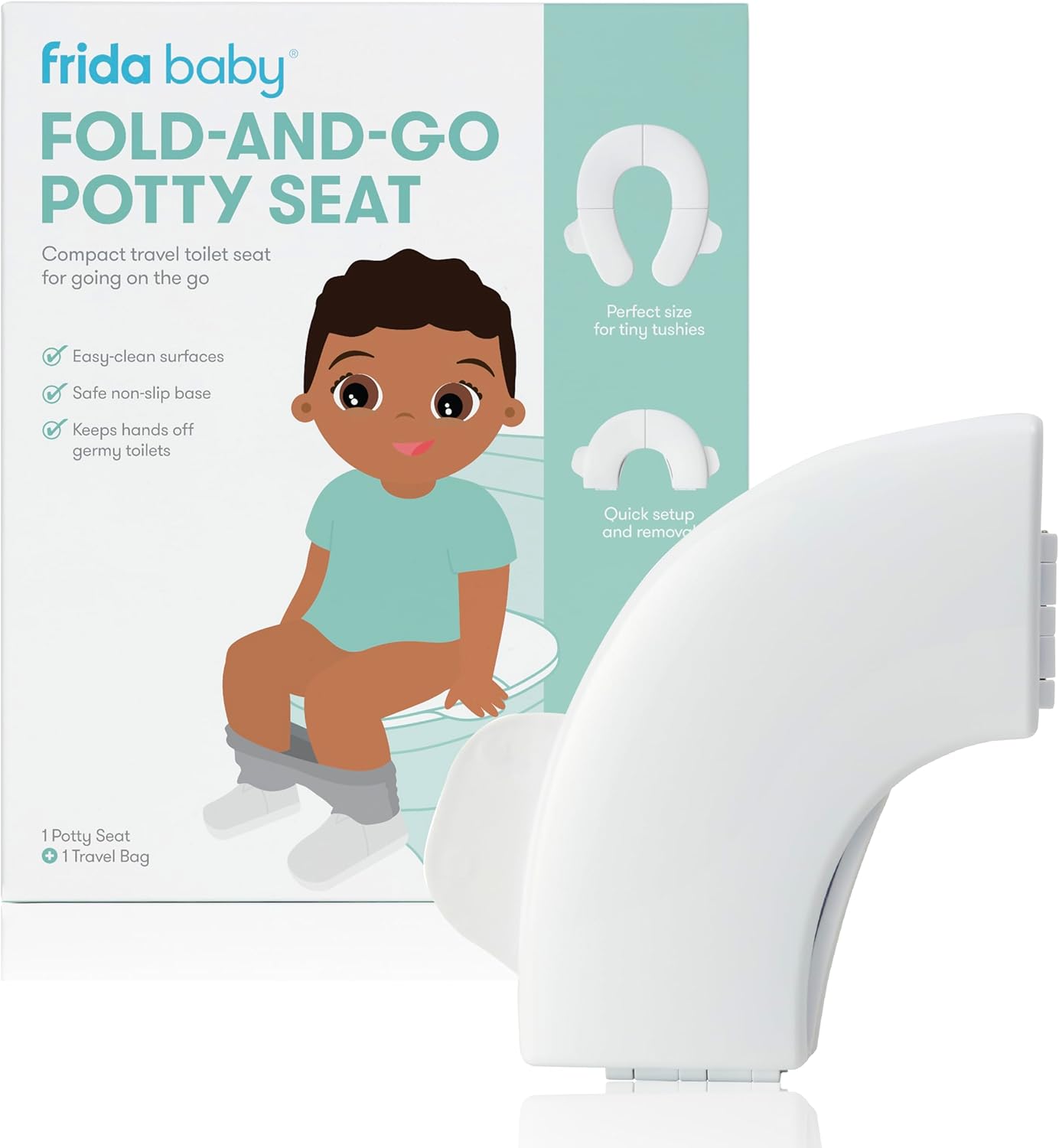 Frida Baby Fold-and-Go Potty Seat | Folding Travel Potty Seat for Boys and Girls, Fits Round & Oval Toilets, Non-Slip Base, Handles, Includes Free Travel Bag