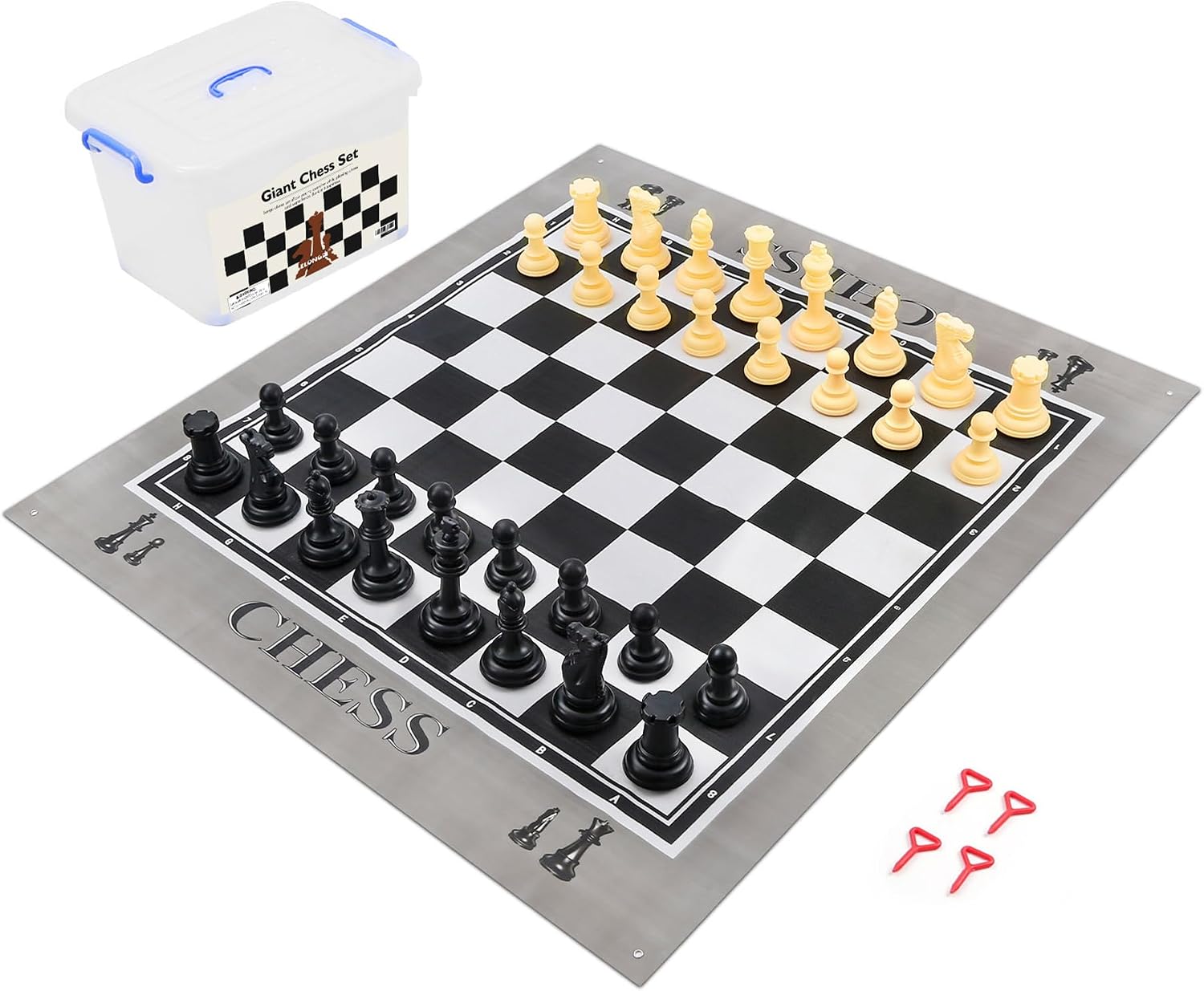 ELONGDI Giant Outdoor Chess Set Oversized Plastic Chess Pieces with Bases Lightweight 71" Chess Mat Floor Games for Kids and Adults - 9.8 Inches Tall King & Storage Bins with Lids