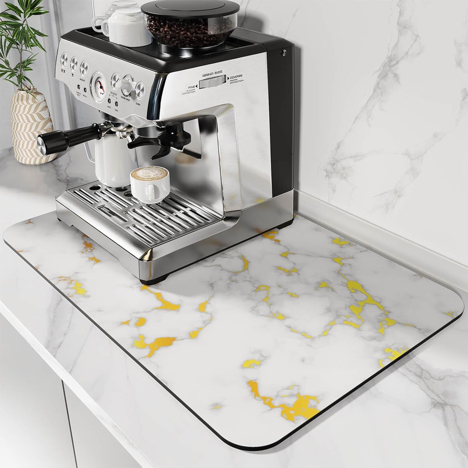 DK177 Coffee Mat - White Marbled, 24''X16'' - Quick Drying, Absorbent, Non-Slip, Waterproof, Noise Reducing, Durable Coffee Machine Mat
