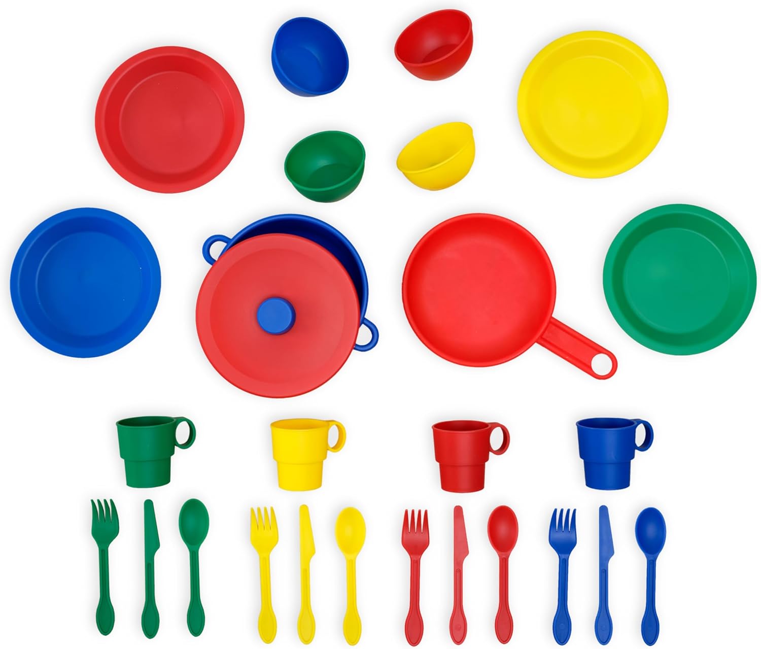 KidKraft 27-Piece Primary Colored Cookware Set, Plastic Dishes and Utensils for Play Kitchens, Gift for Ages 18 mo+